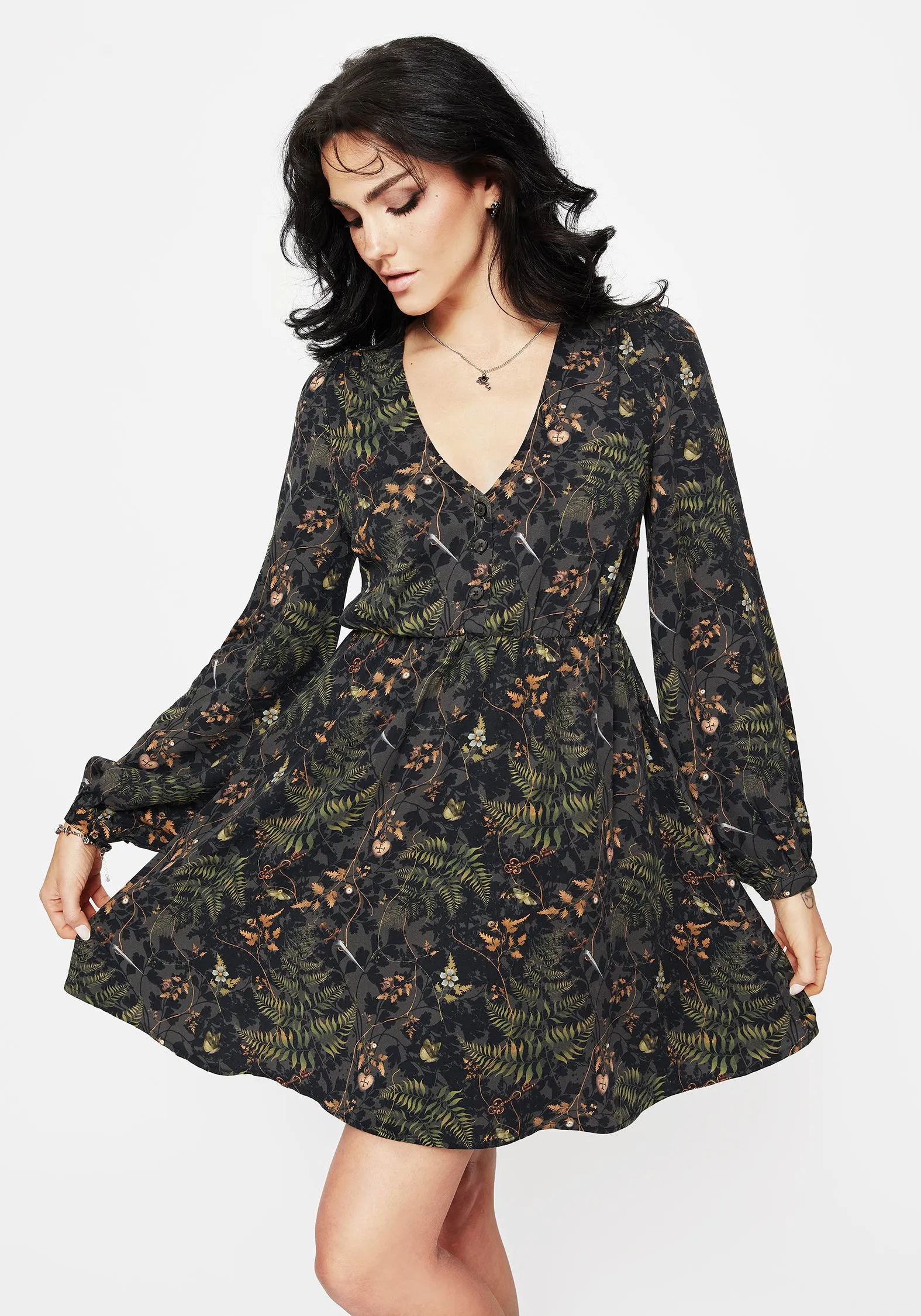 Versatile Cut Smart Blend Wither Fern Print Balloon Sleeve Mini Dress