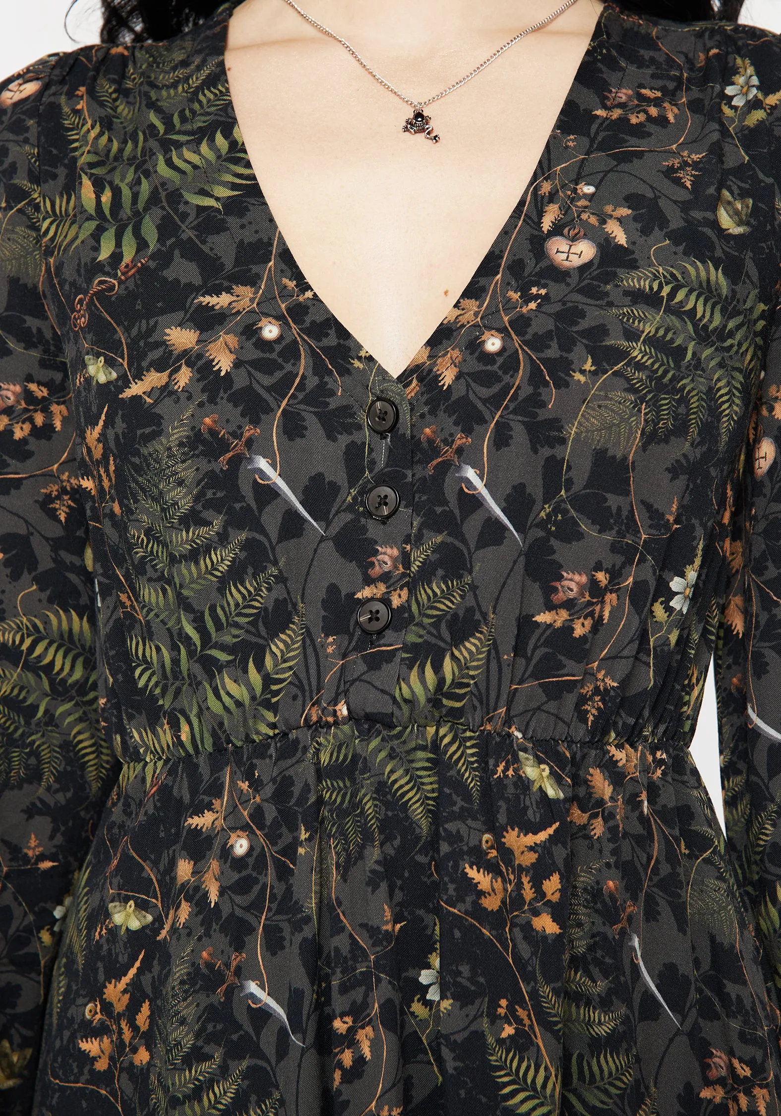 Fall Piece Lounge Base Wither Fern Print Balloon Sleeve Mini Dress