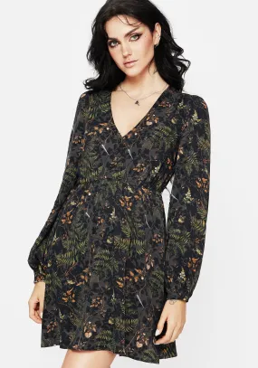 Cool Draping Love Soft Wither Fern Print Balloon Sleeve Mini Dress