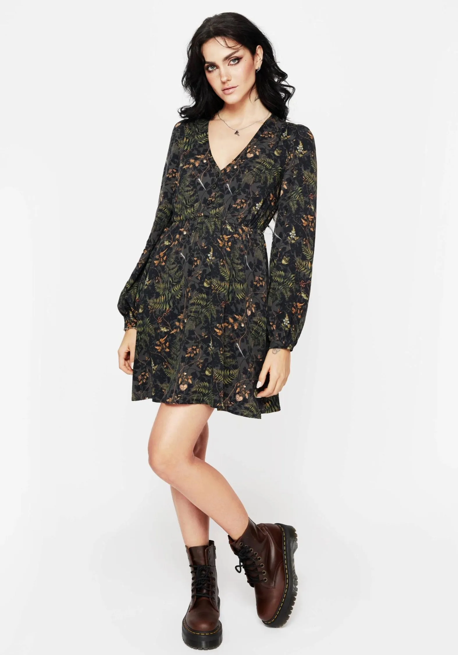 Wither Fern Print Balloon Sleeve Mini Dress Warm Base Smart Fabric