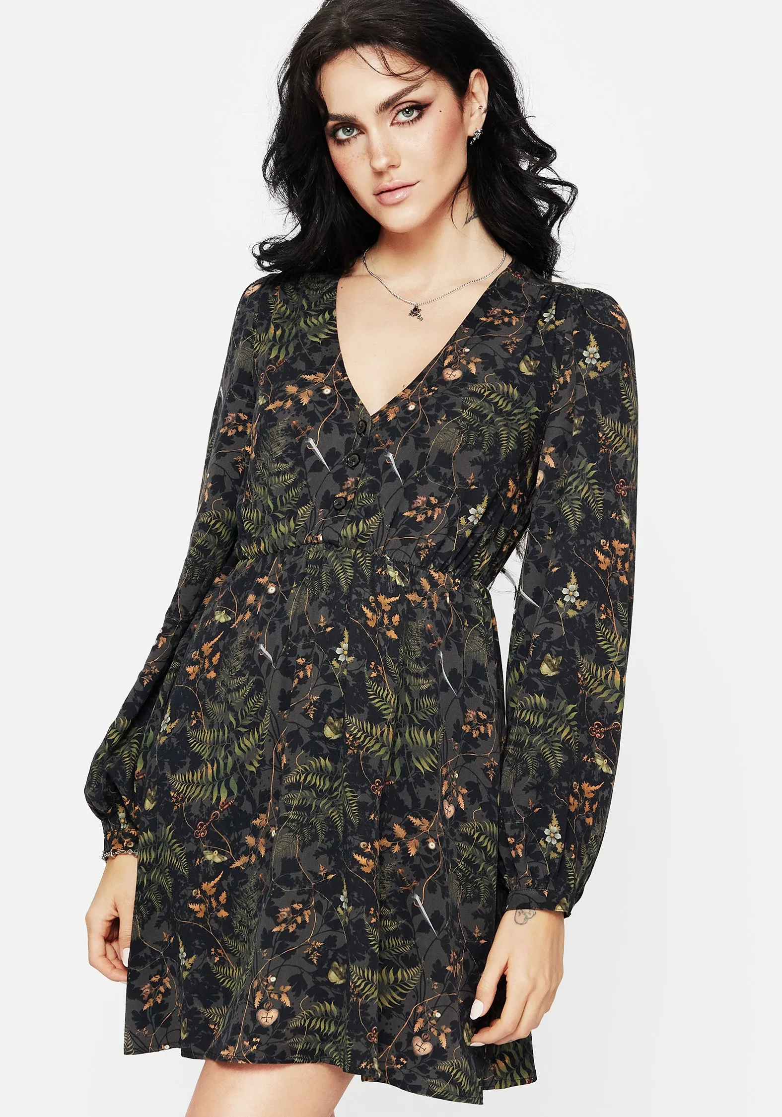 Cool Draping Love Soft Wither Fern Print Balloon Sleeve Mini Dress