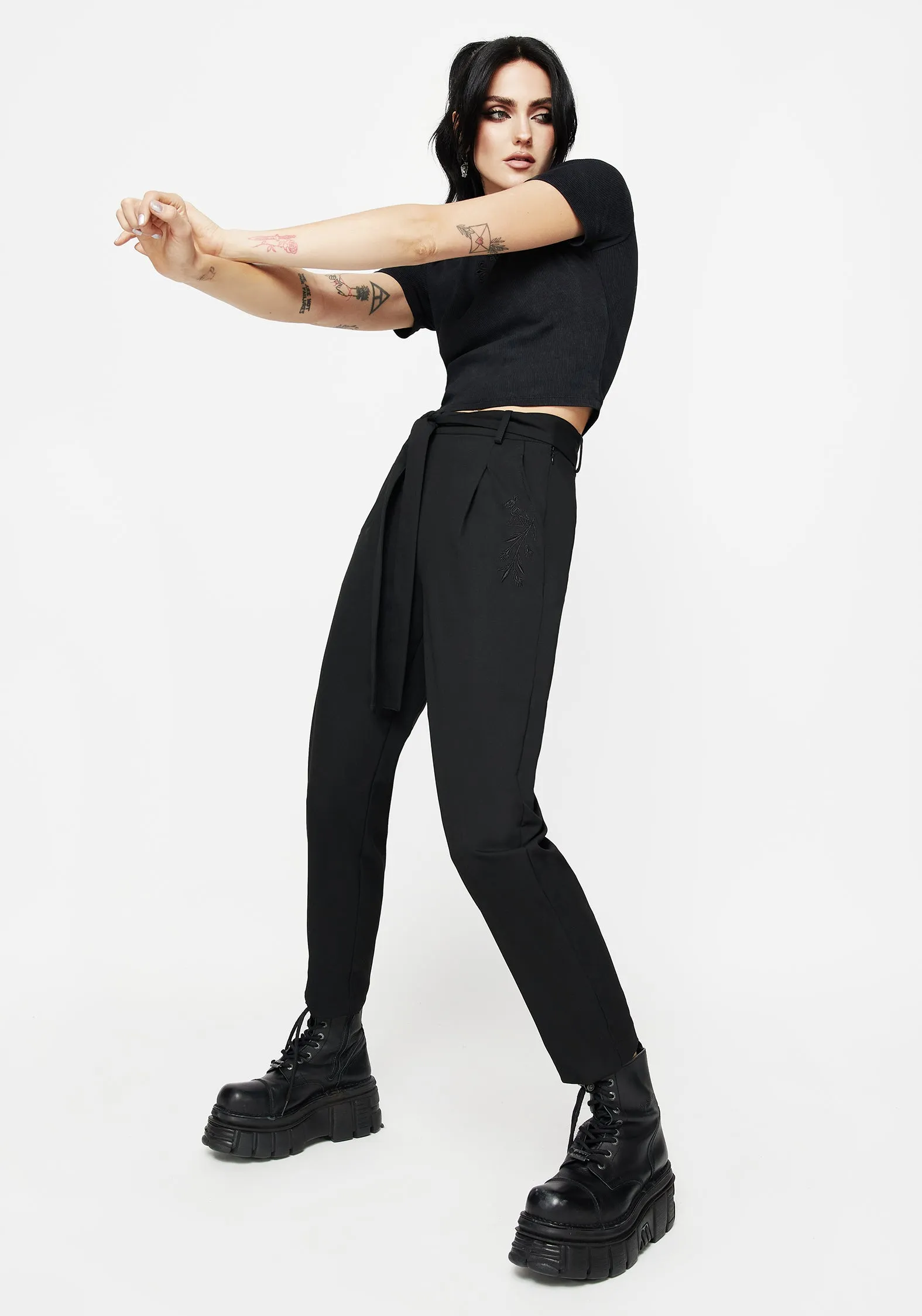 Hester Embroidered Tapered Trousers - Black Tailored Silhouette No Gap Waist Construction