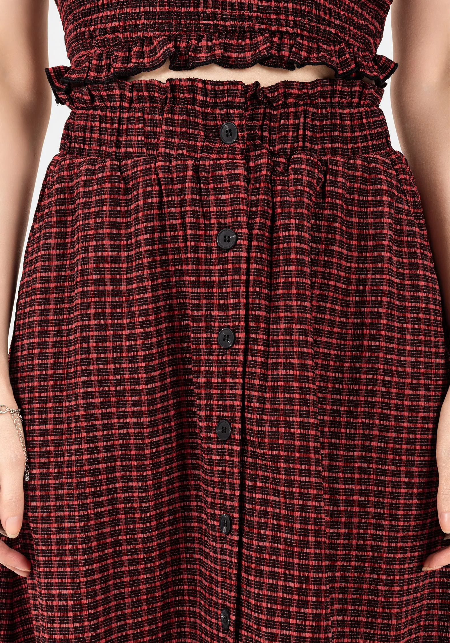 Active Wear Feminine Charm Carmine Textured Check Button Up Midaxi Skirt
