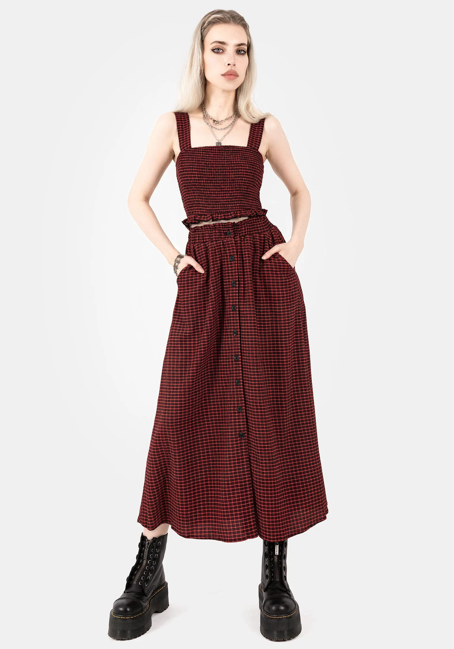 Carmine Textured Check Button Up Midaxi Skirt Glamorous Appeal Moisture wicking