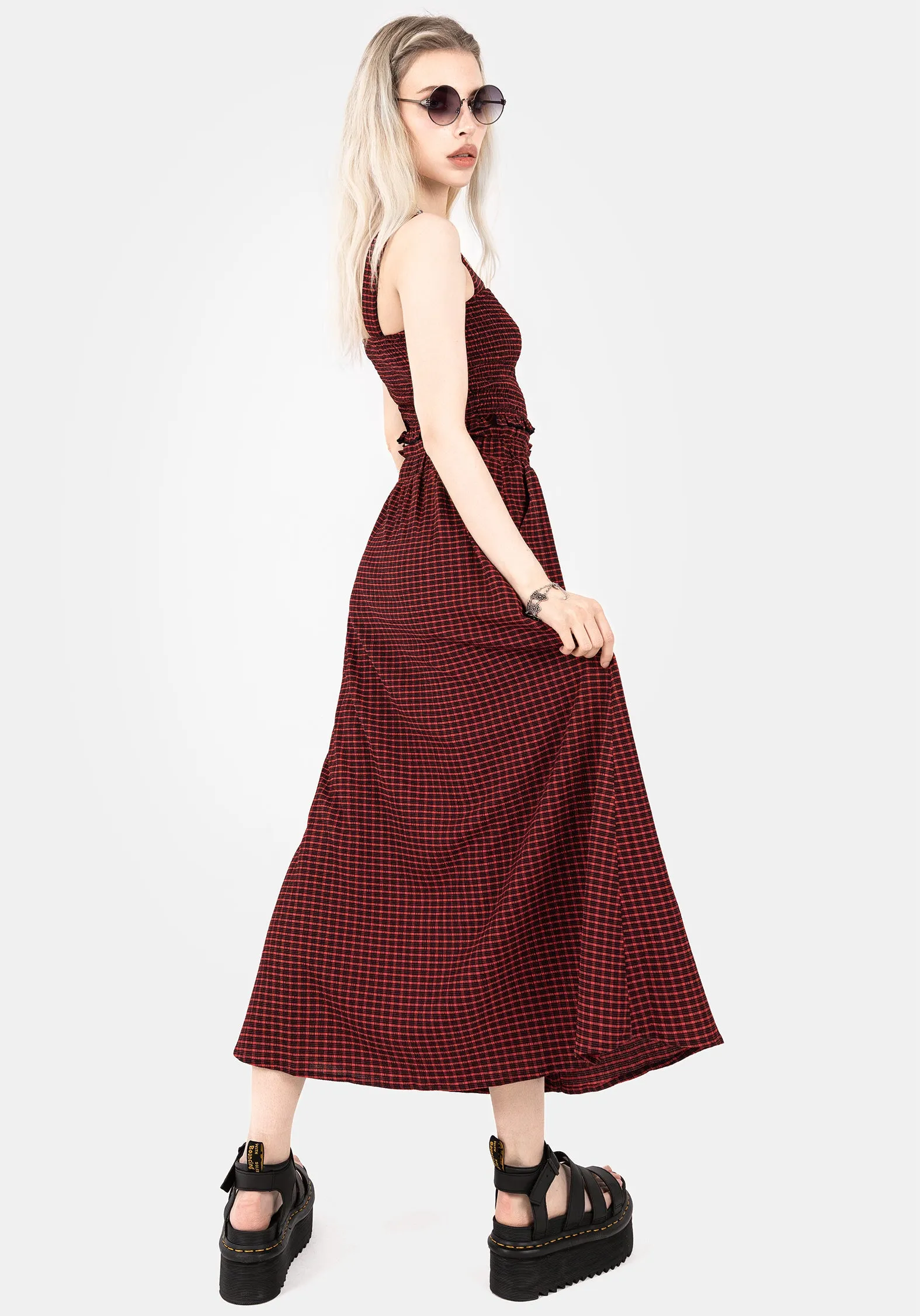 Carmine Textured Check Button Up Midaxi Skirt Polished Look Heat Dissipating Fabric