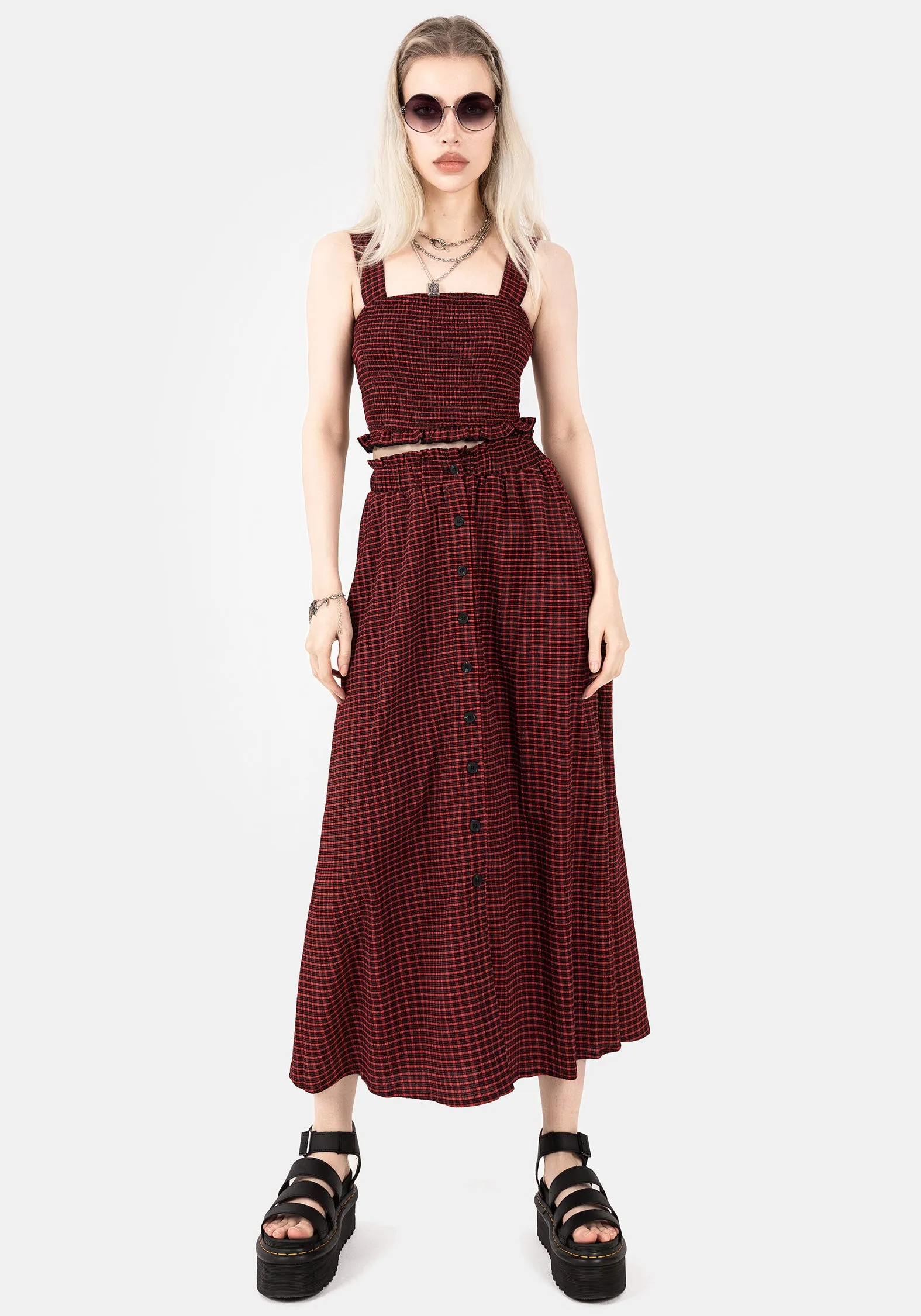 Daily Fashion Carmine Textured Check Button Up Midaxi Skirt