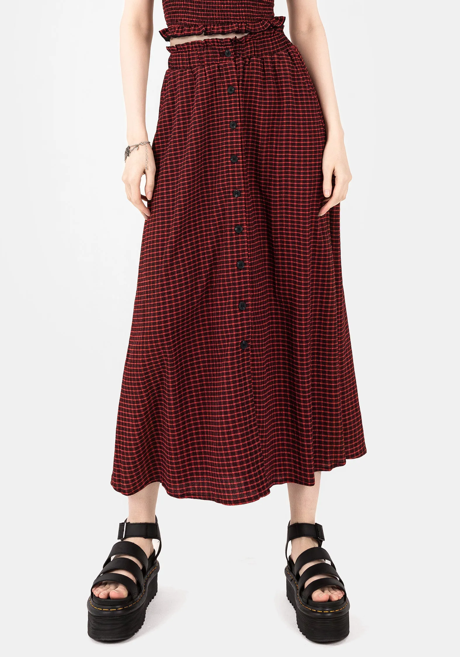 Cultural Heritage Carmine Textured Check Button Up Midaxi Skirt