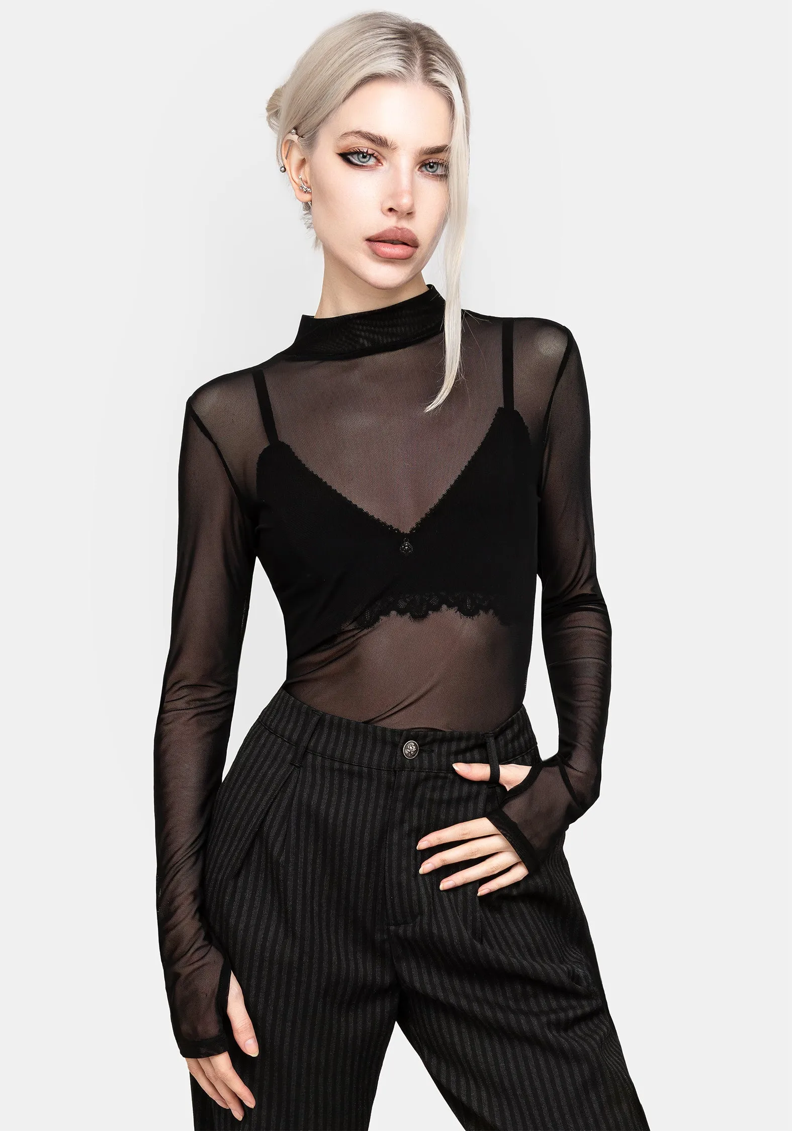 Floral Motif Necrosis High Neck Long Sleeve Mesh Top