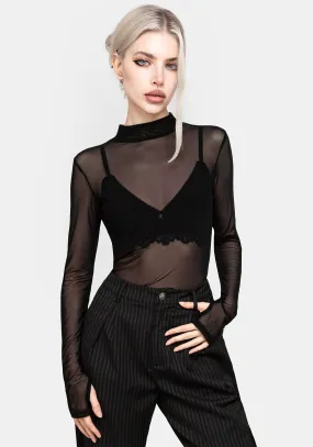 Floral Motif Necrosis High Neck Long Sleeve Mesh Top