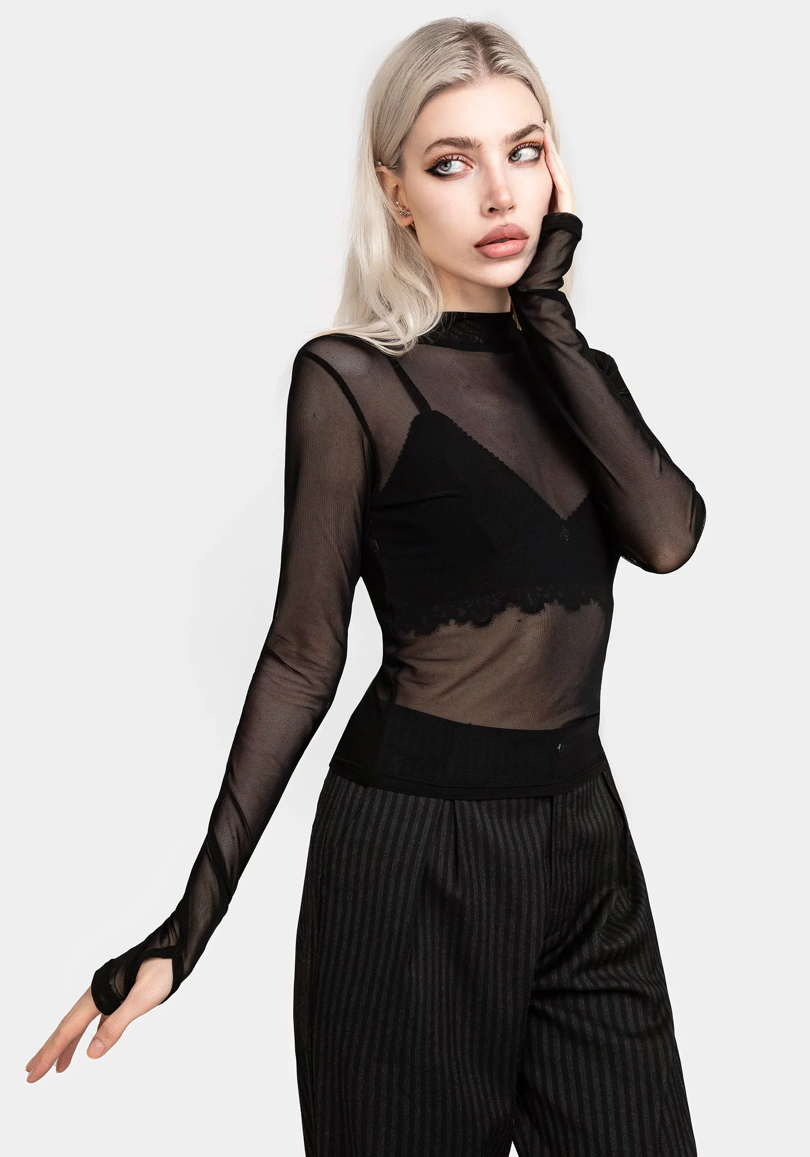 Necrosis High Neck Long Sleeve Mesh Top Beaded