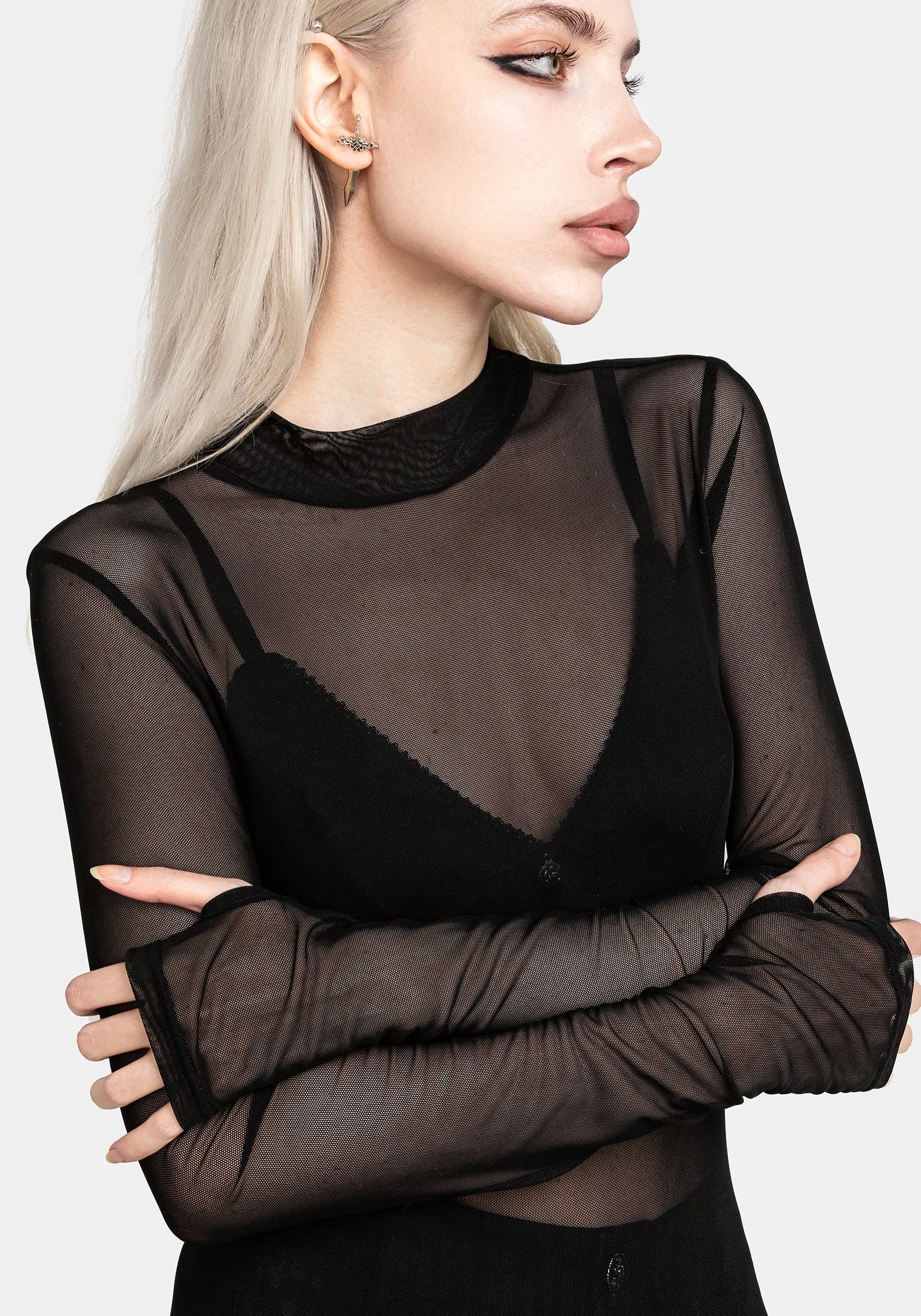 Chambray Reinforced Buttonholes Necrosis High Neck Long Sleeve Mesh Top