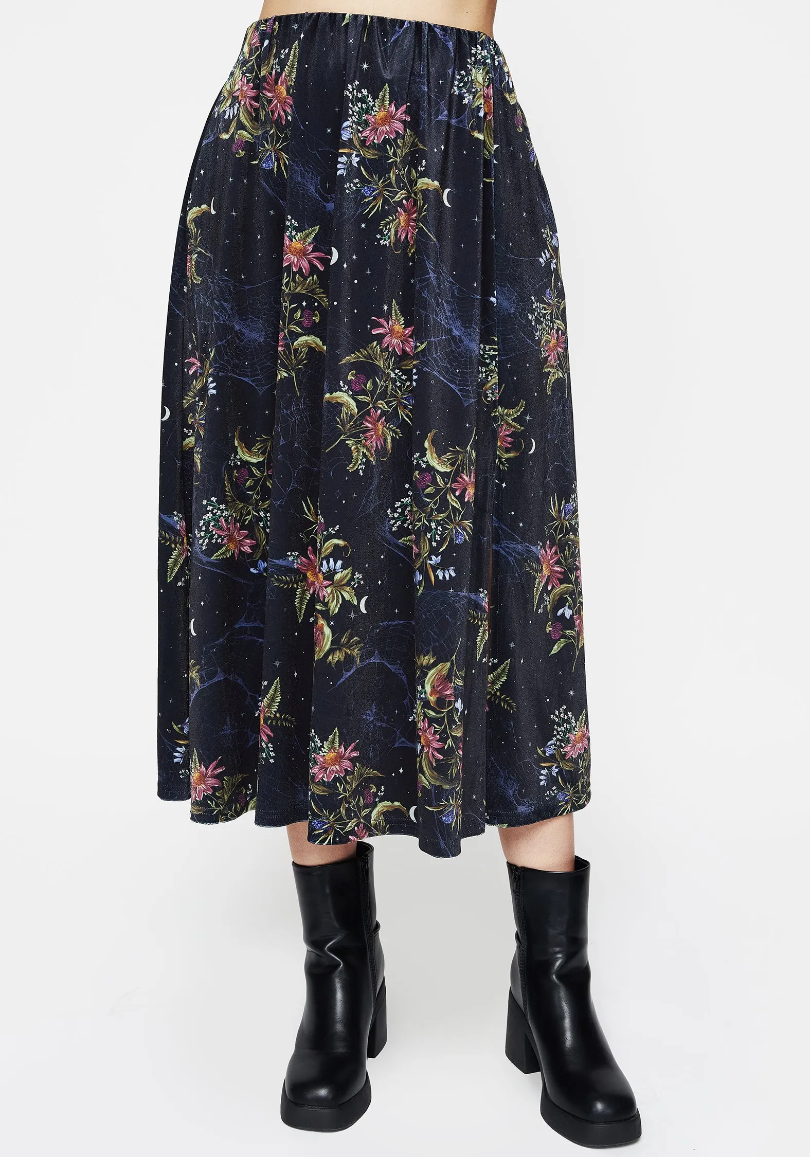 Soft Motion Handmade Quality Cleome Floral Spiderweb Velour Midi Skirt