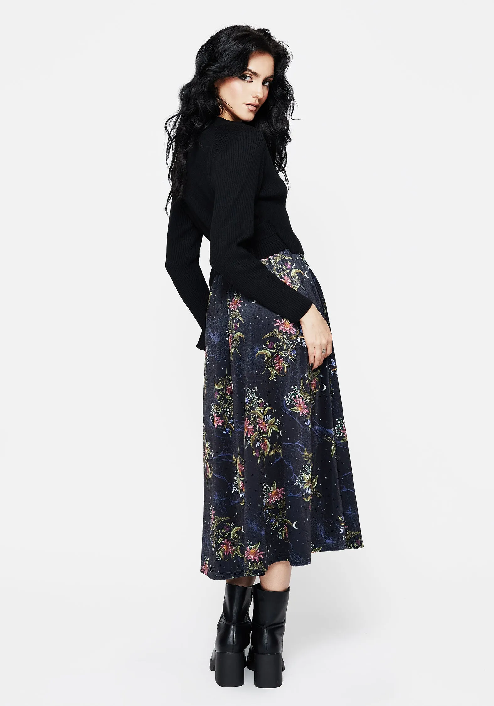Polished Fit Fashion Fusion Cleome Floral Spiderweb Velour Midi Skirt