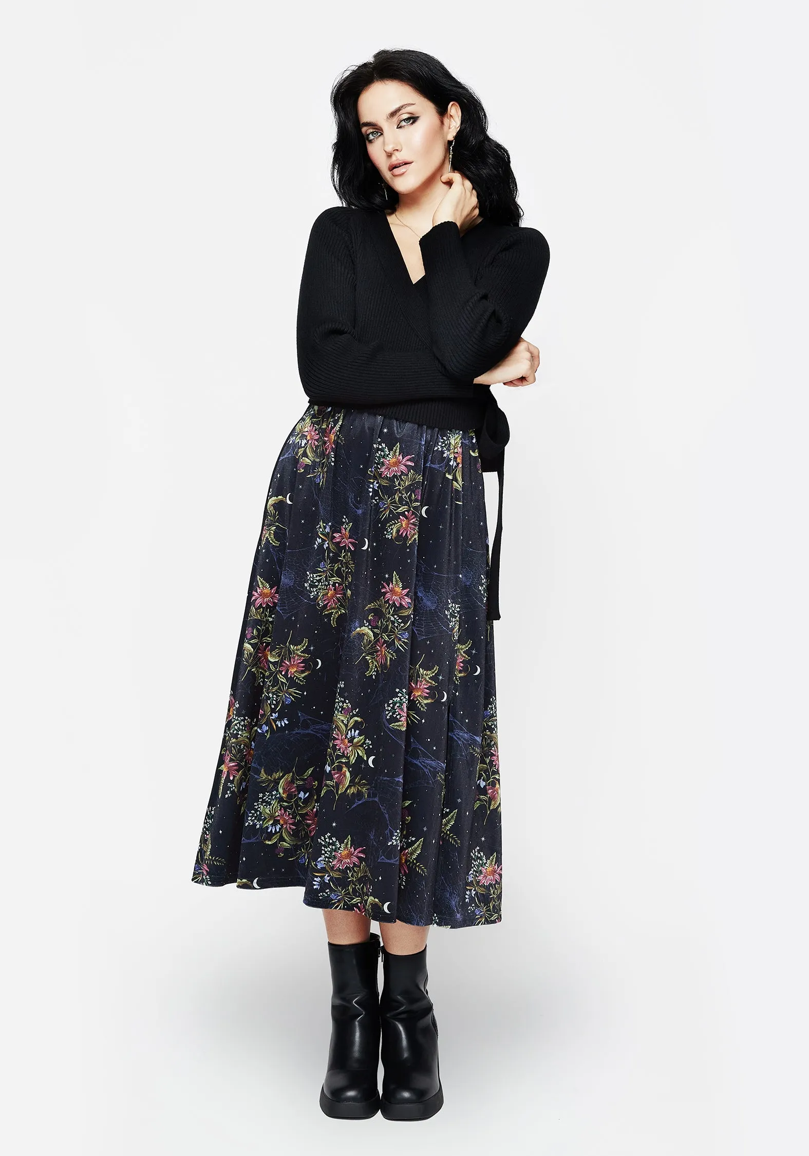 Velvet Finish Cleome Floral Spiderweb Velour Midi Skirt
