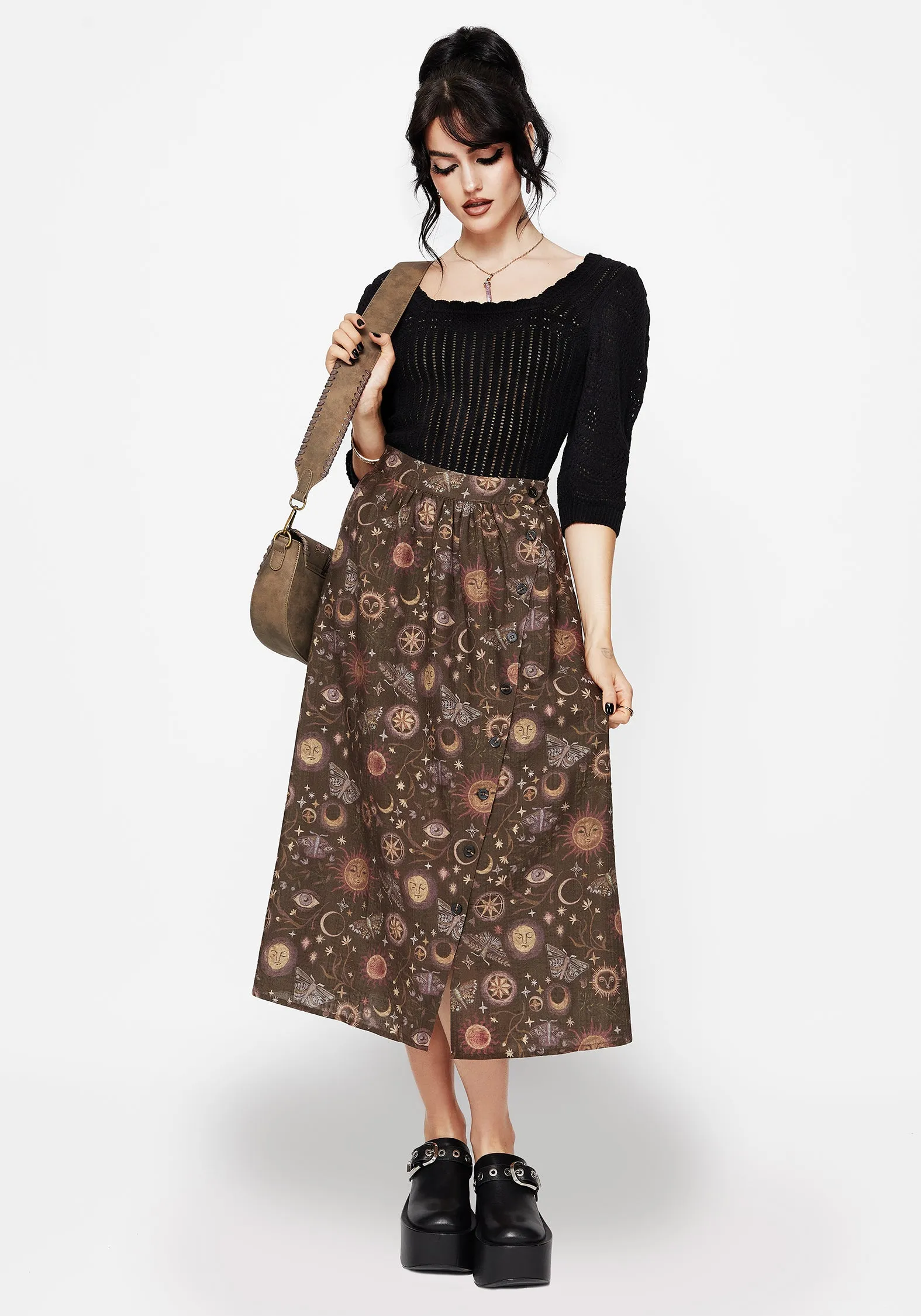 Rhea Cotton Blend Moth and Moon Print Midaxi Skirt Ultra Comfort Cashmere Touch