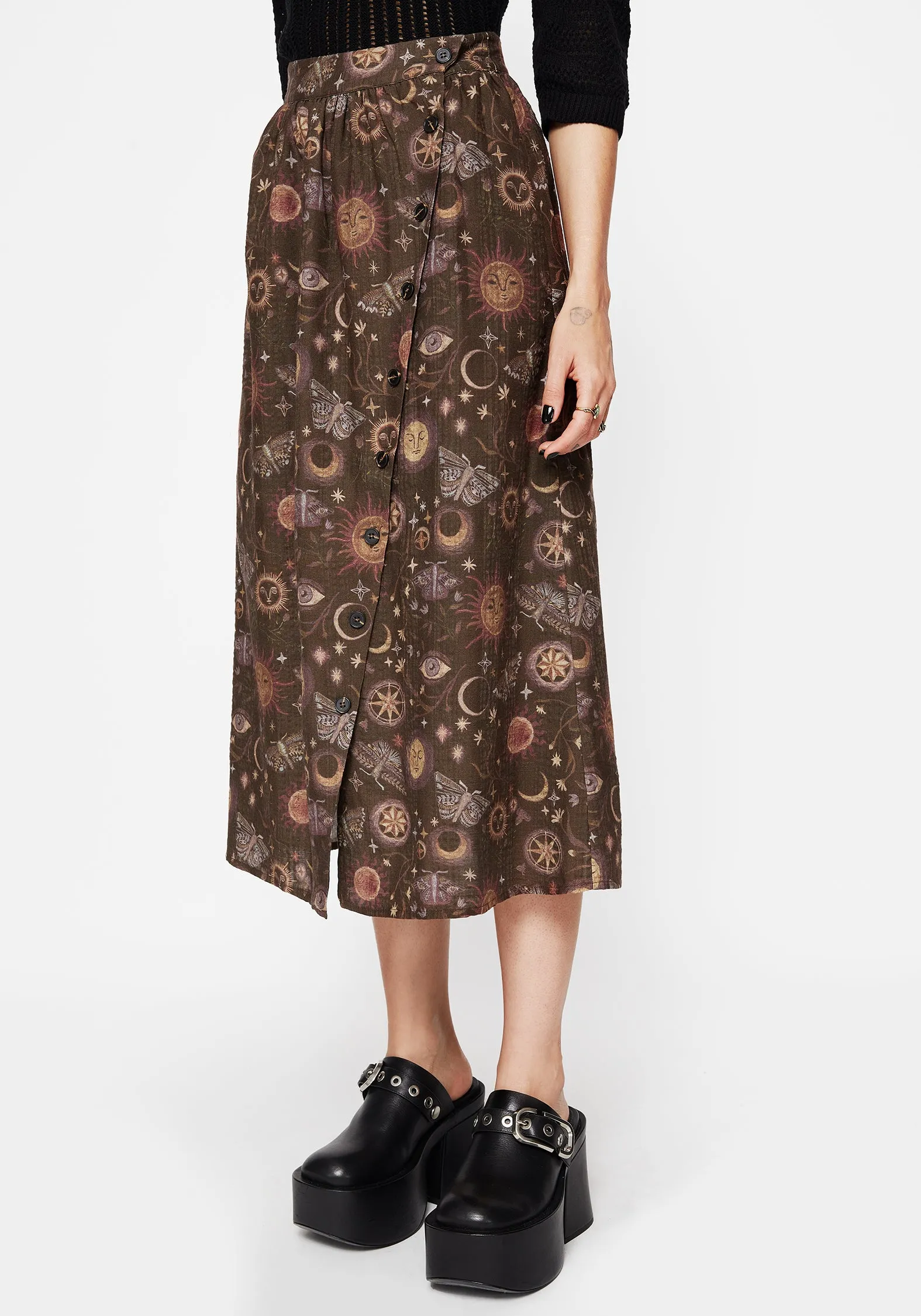 Rhea Cotton Blend Moth and Moon Print Midaxi Skirt Polished Look