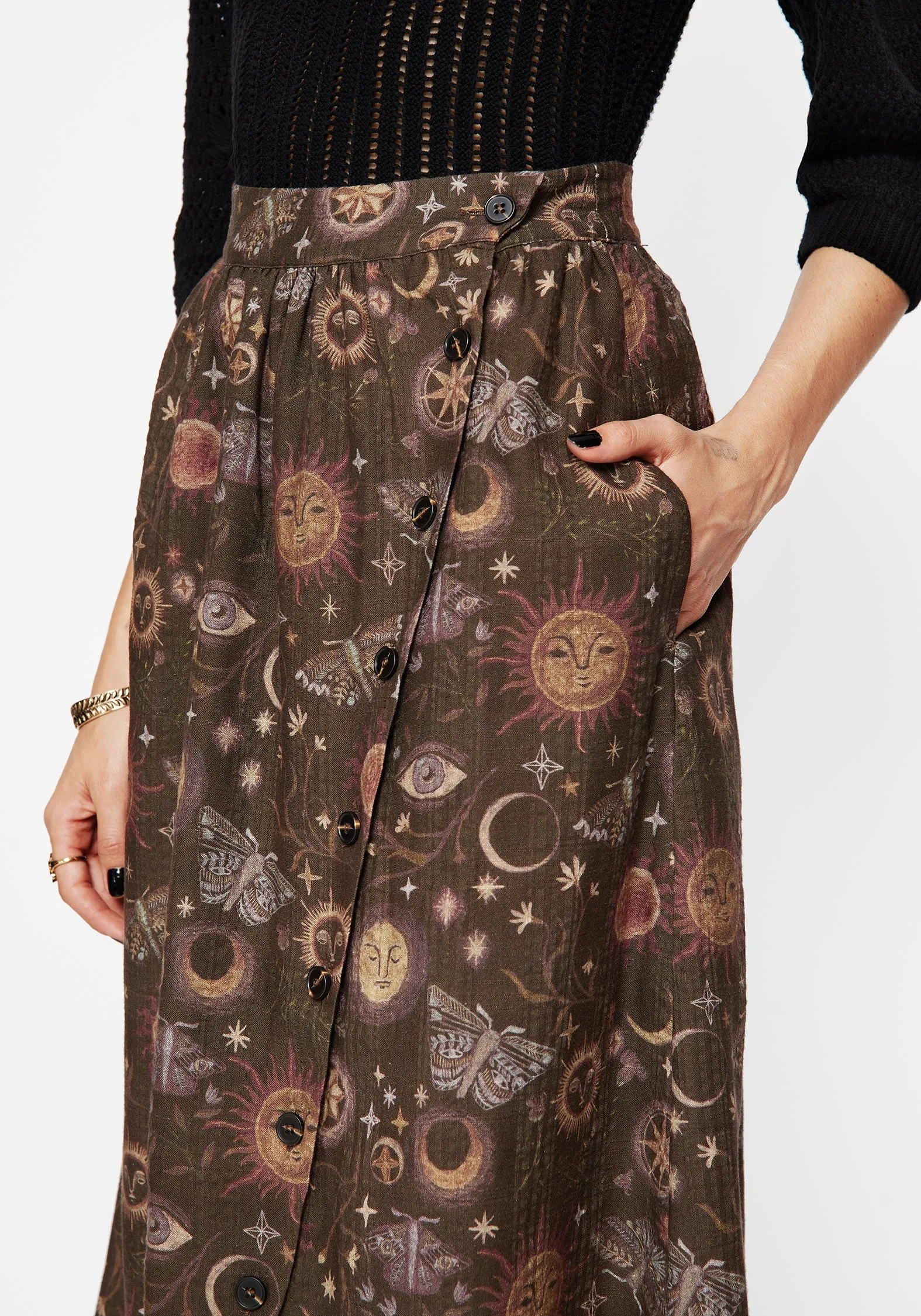 Rhea Cotton Blend Moth and Moon Print Midaxi Skirt Cozy Finish