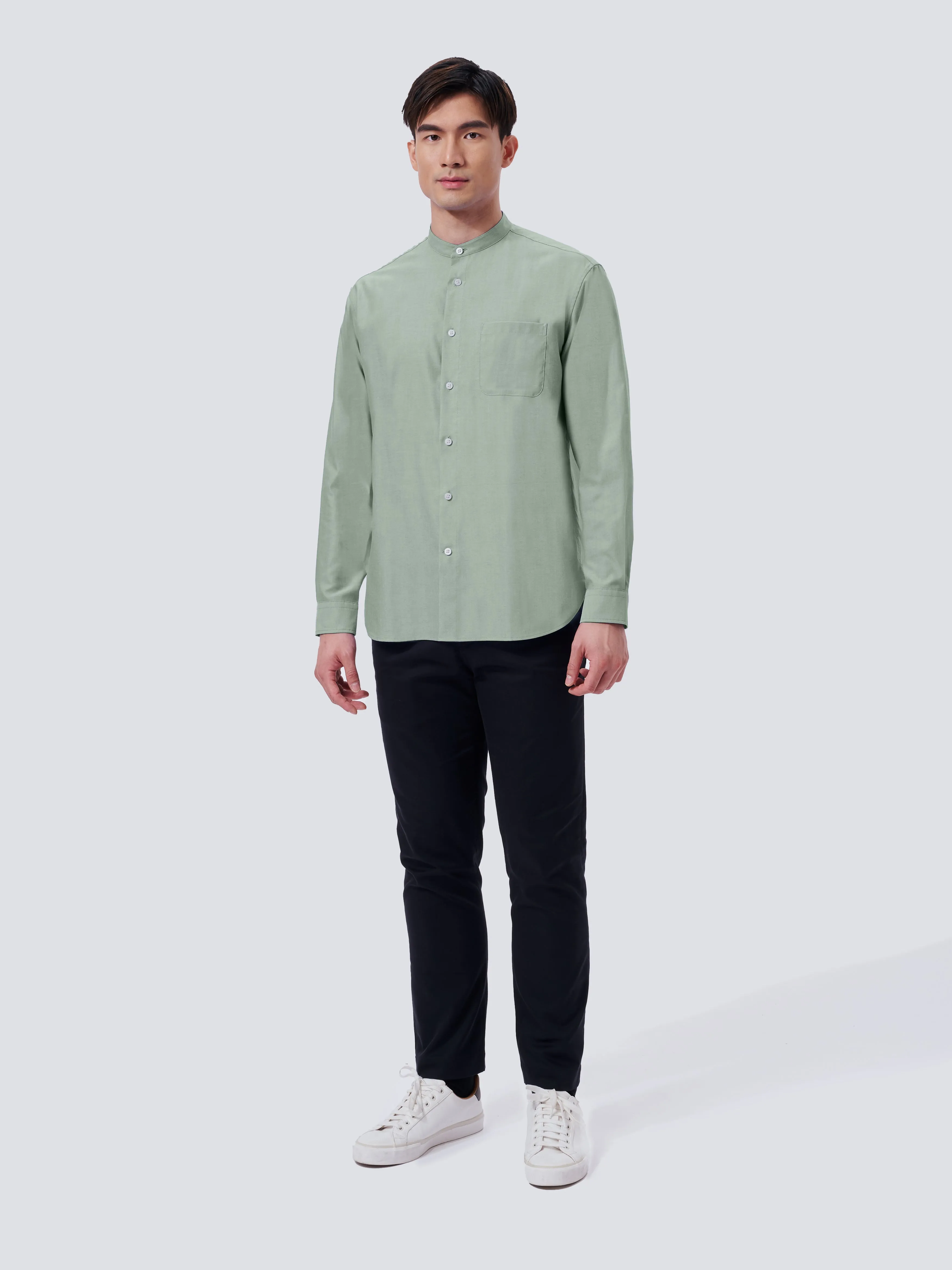 Creative Professional Networking Session Oxford Mandarin Collar Casual Shirt | Light Green 27690N