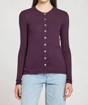 Reinforced Cuffs Marina Ribbed Cardigan In Aubergine