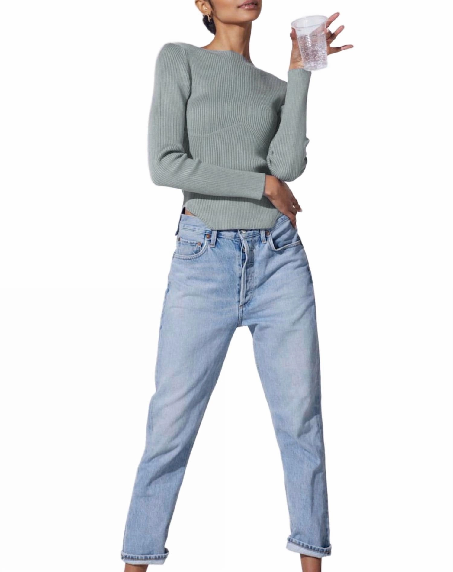 Comfy Winter Wear Classic Crew Neck Domo Ribbed Viscose-Crepe Sweater Top In Fog
