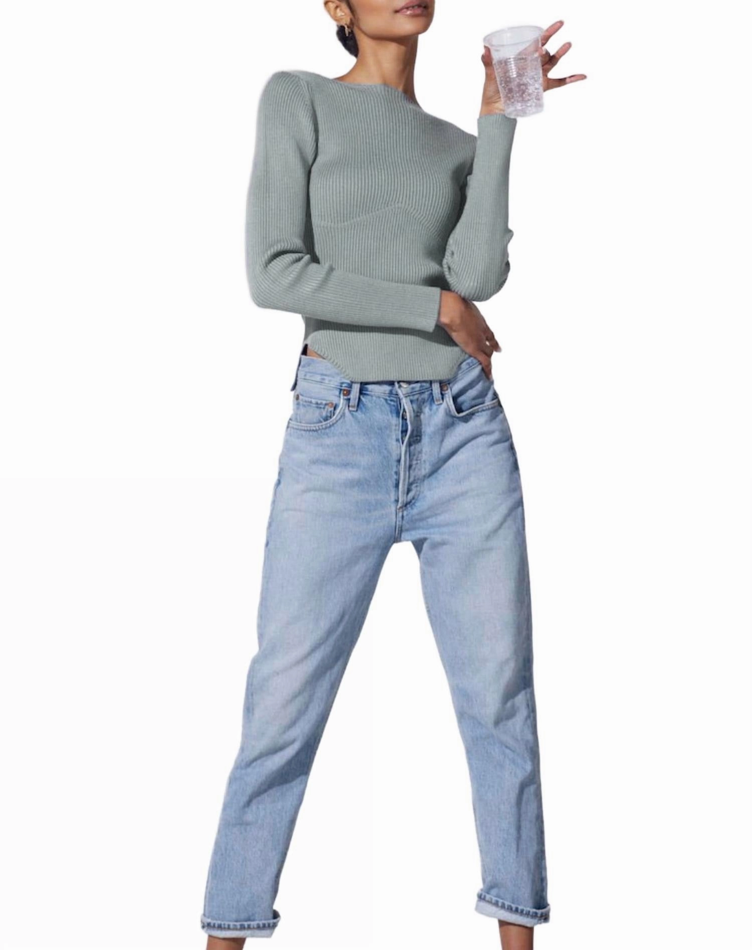 Casual Comfort Layer Knit Look Domo Ribbed Viscose-Crepe Sweater Top In Fog