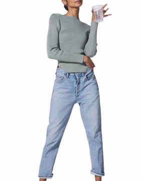 Layered Wear Snuggle Style Domo Ribbed Viscose-Crepe Sweater Top In Fog