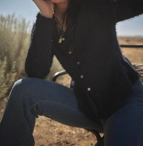 Lida Fuzzy Knit Cardigan In Navy Recycled Material Composition
