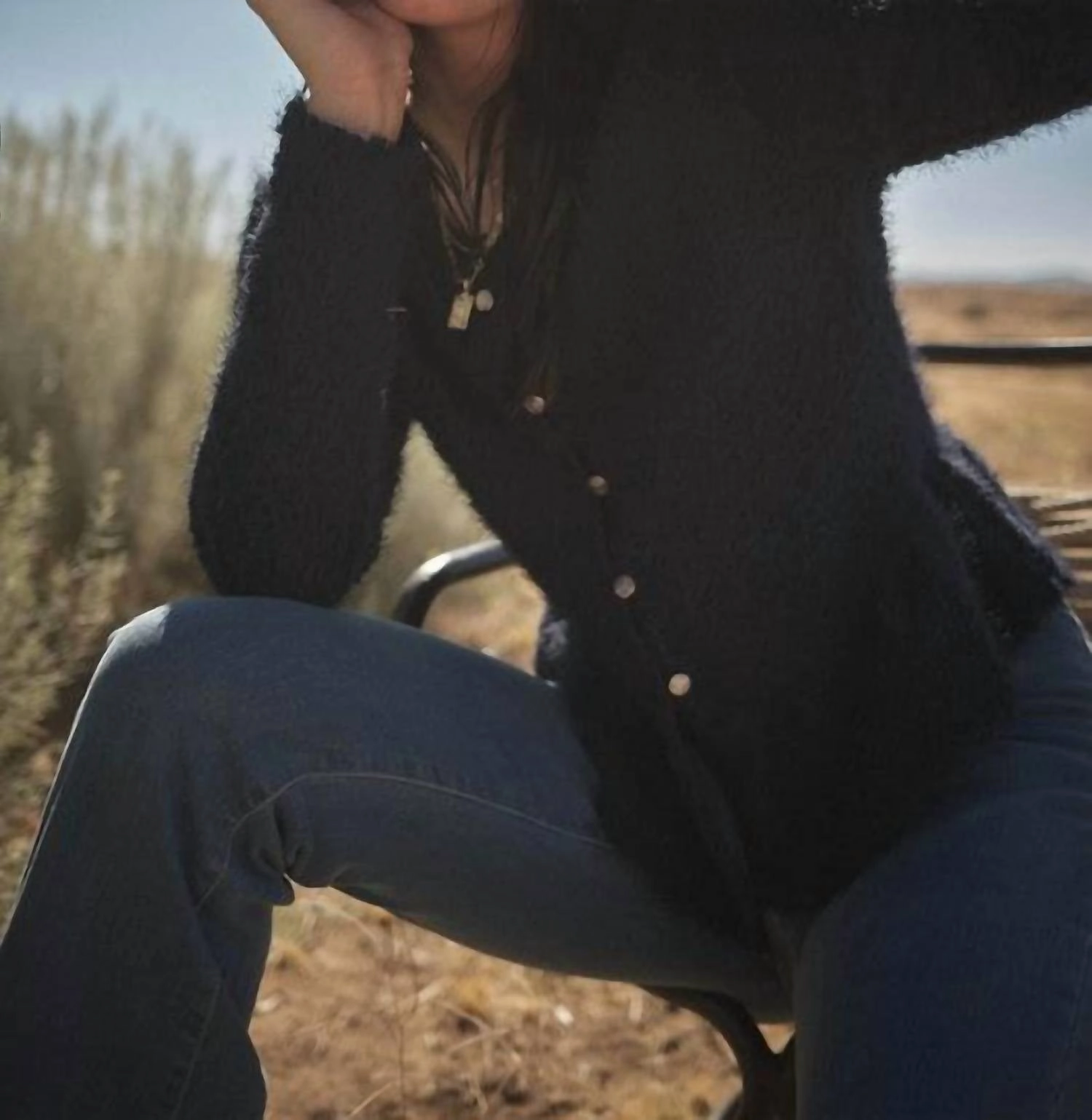 Lida Fuzzy Knit Cardigan In Navy Recycled Material Composition