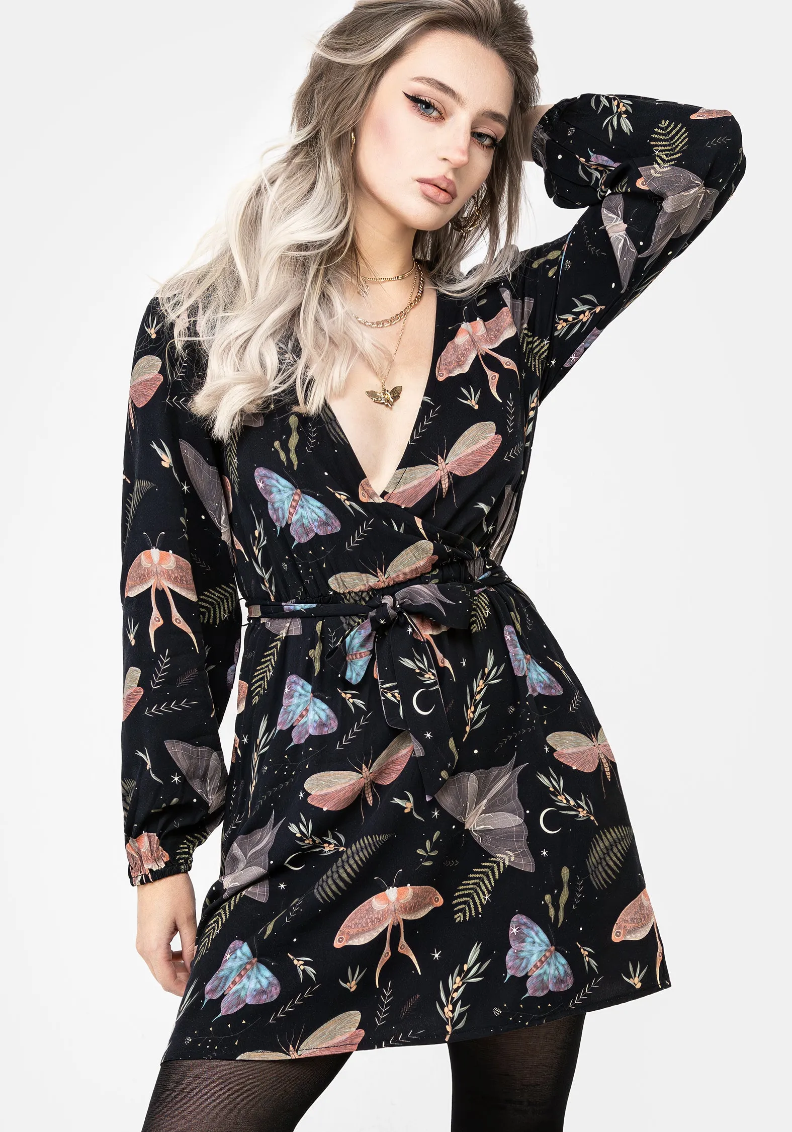 Sheer Element Natural Aesthetic Nightmoth Mini Wrap Dress