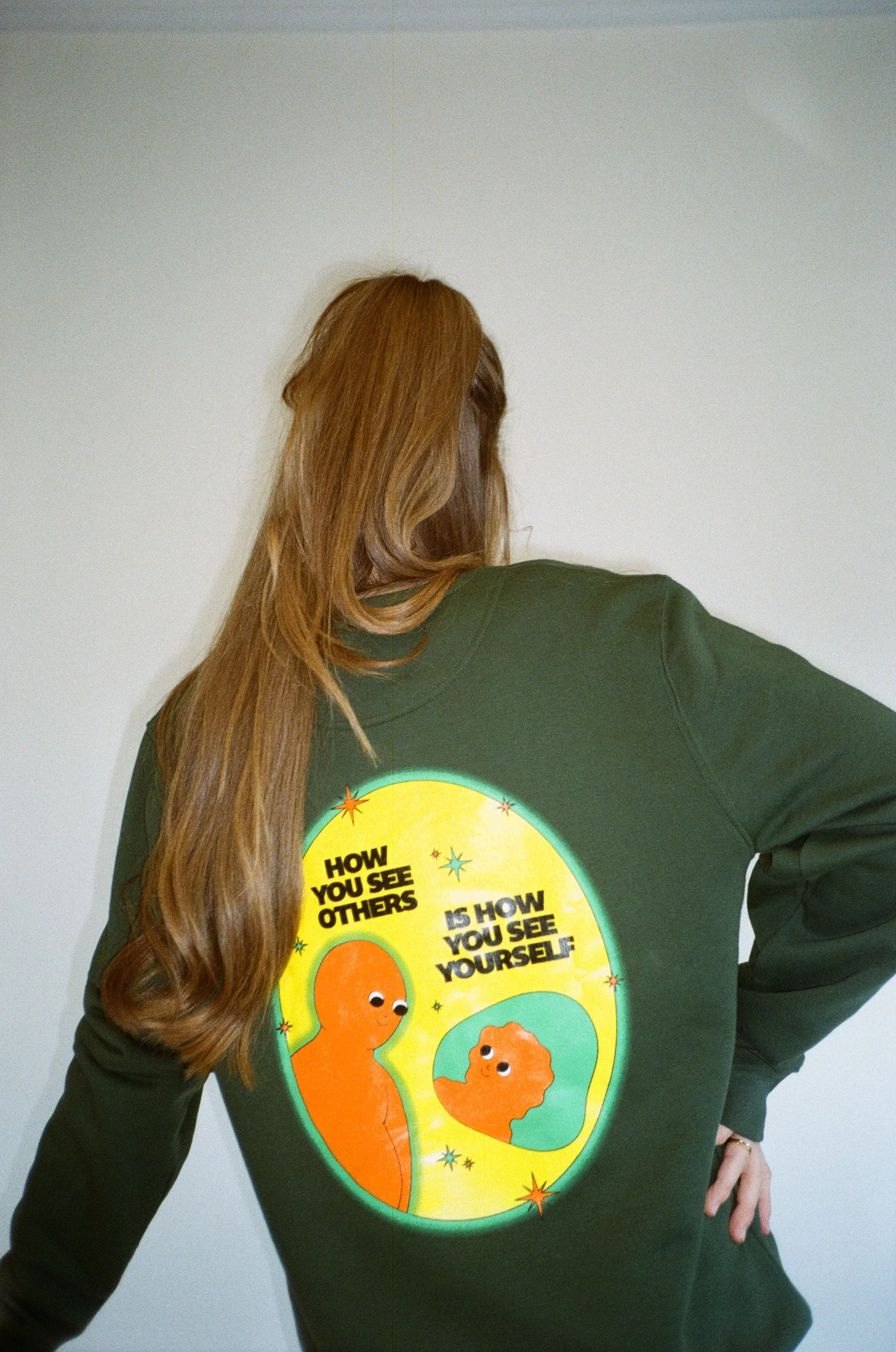 Soft Fabric Layered Knit Pleasure Paradox 'How You See Yourself' Sweater - Bottle Green