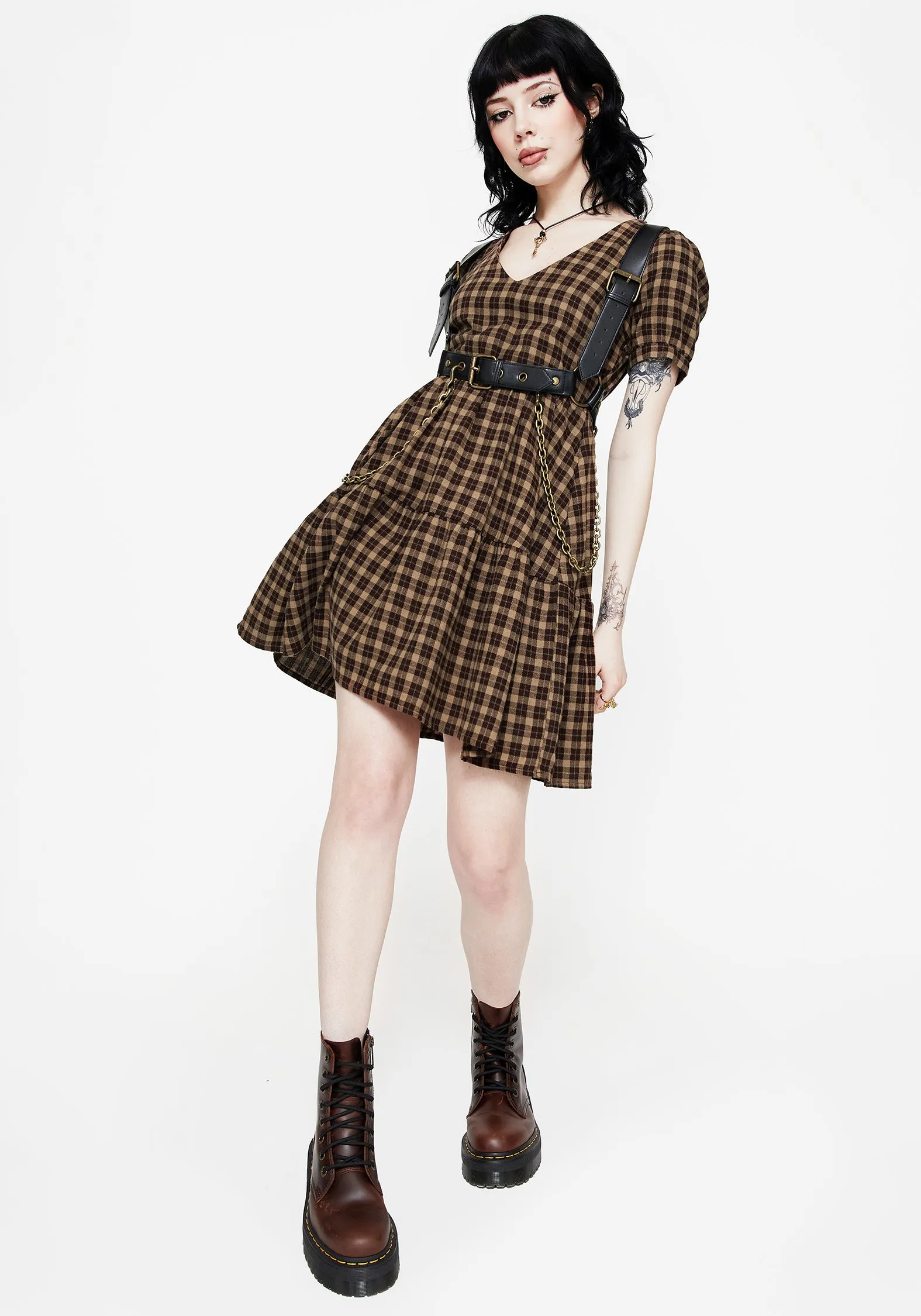 TemperatureRegulatingFabric Terra Cotton Check Smock Mini Dress - Brown