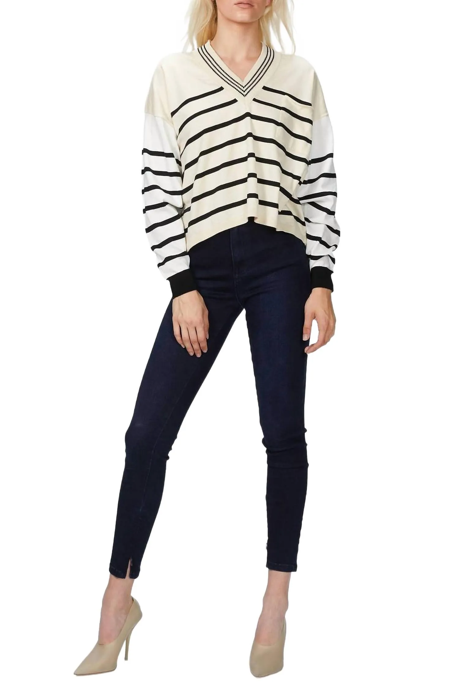 Classic Fit Comfy Fashion V-Neck Sweater In Butter/off White/black