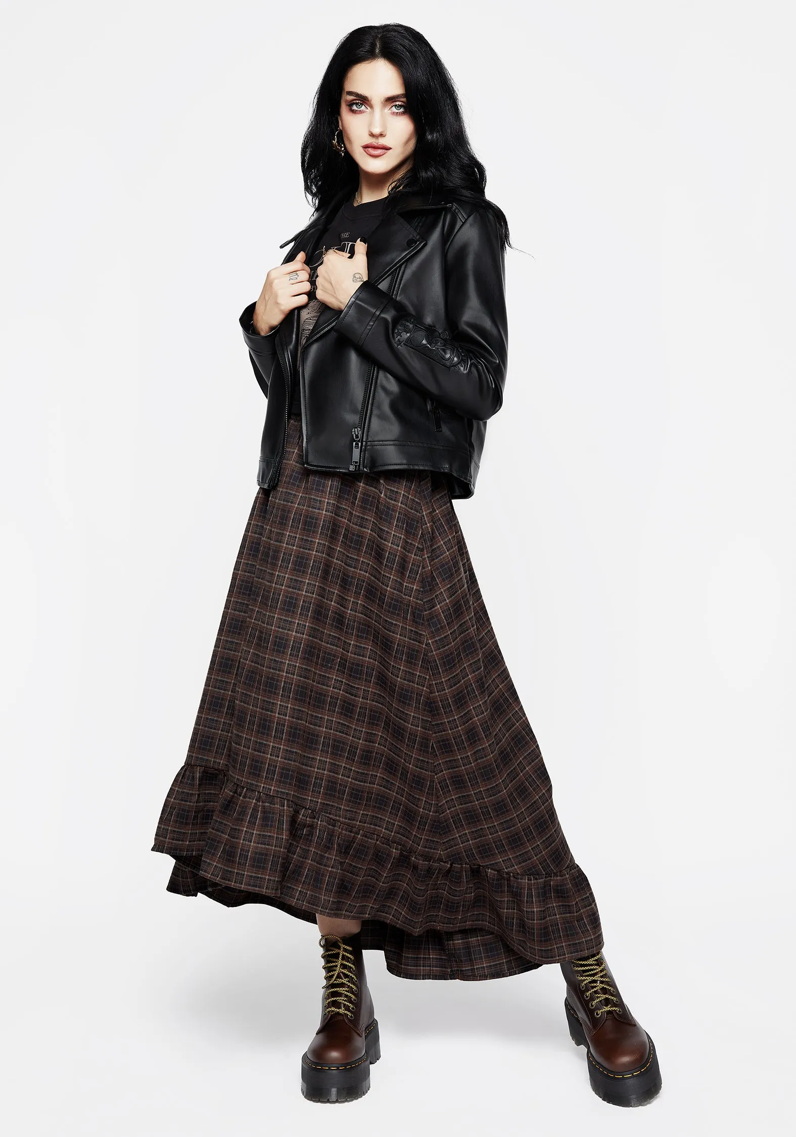 Timeless Touch Metallic Finish Embla Check Ruffle Maxi Skirt