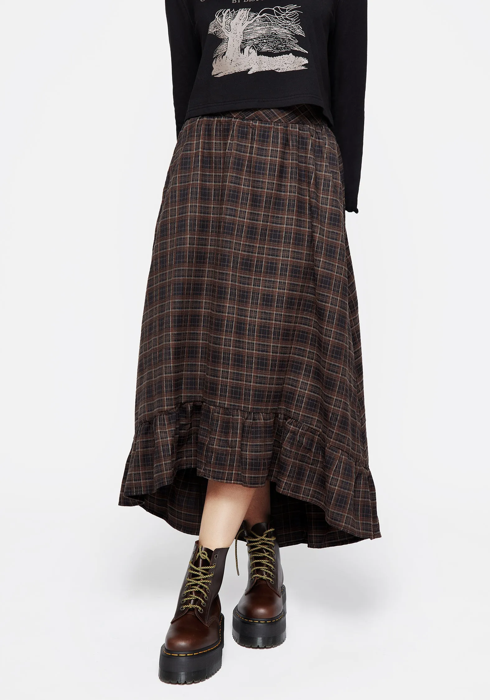 Minimal Style Cotton Rich Embla Check Ruffle Maxi Skirt