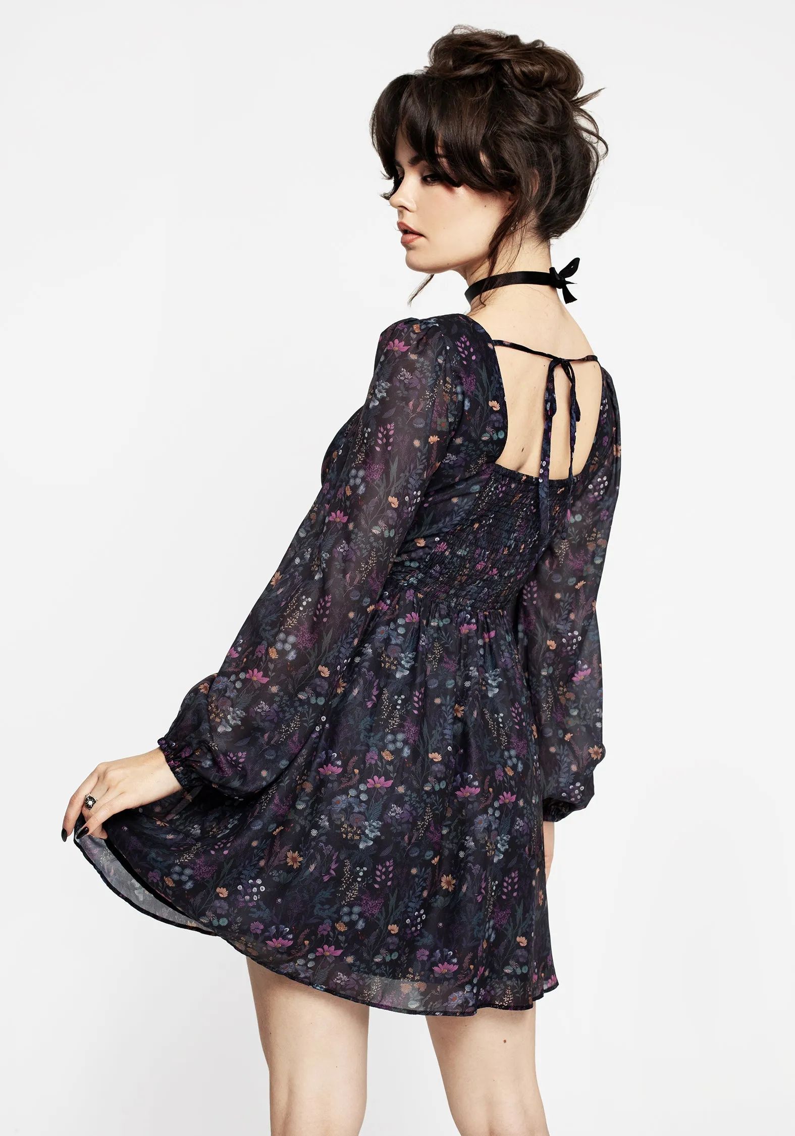 Heliotrope Floral Print Chiffon Mini Dress Warm Base Cozy Cut