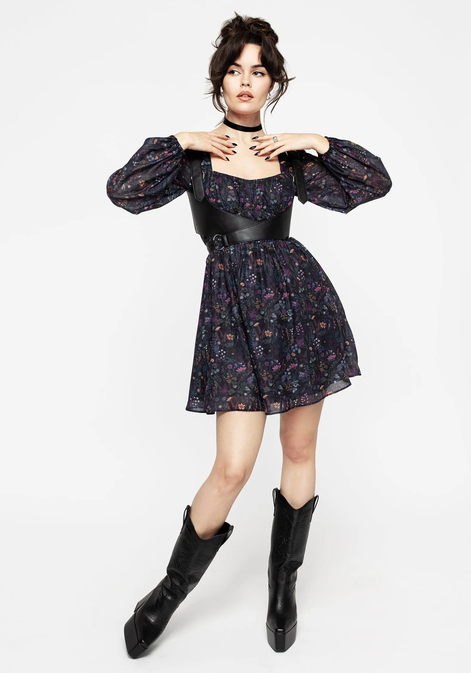 Soft Fit Wear Heliotrope Floral Print Chiffon Mini Dress