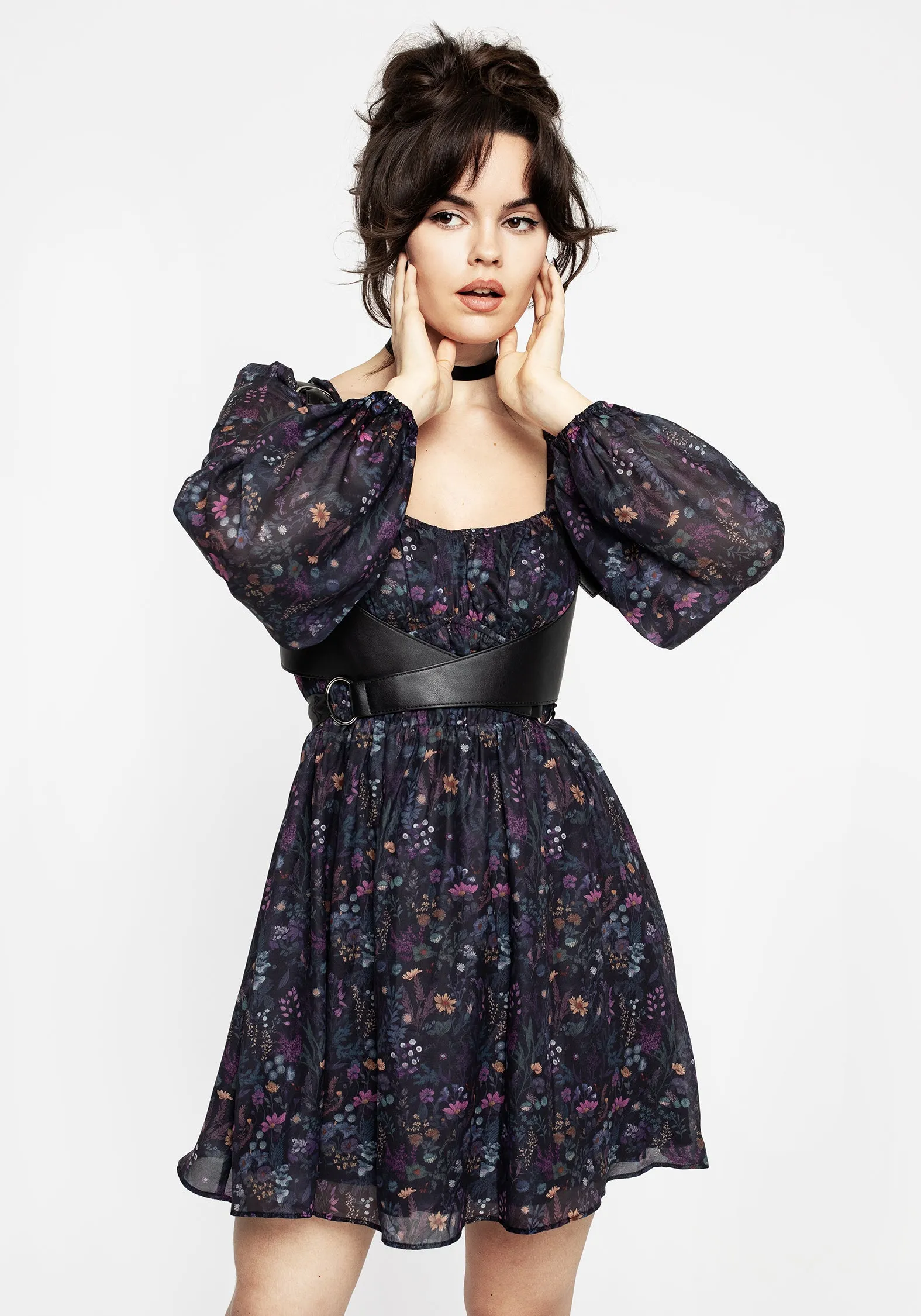 Heliotrope Floral Print Chiffon Mini Dress Beaded-Edge