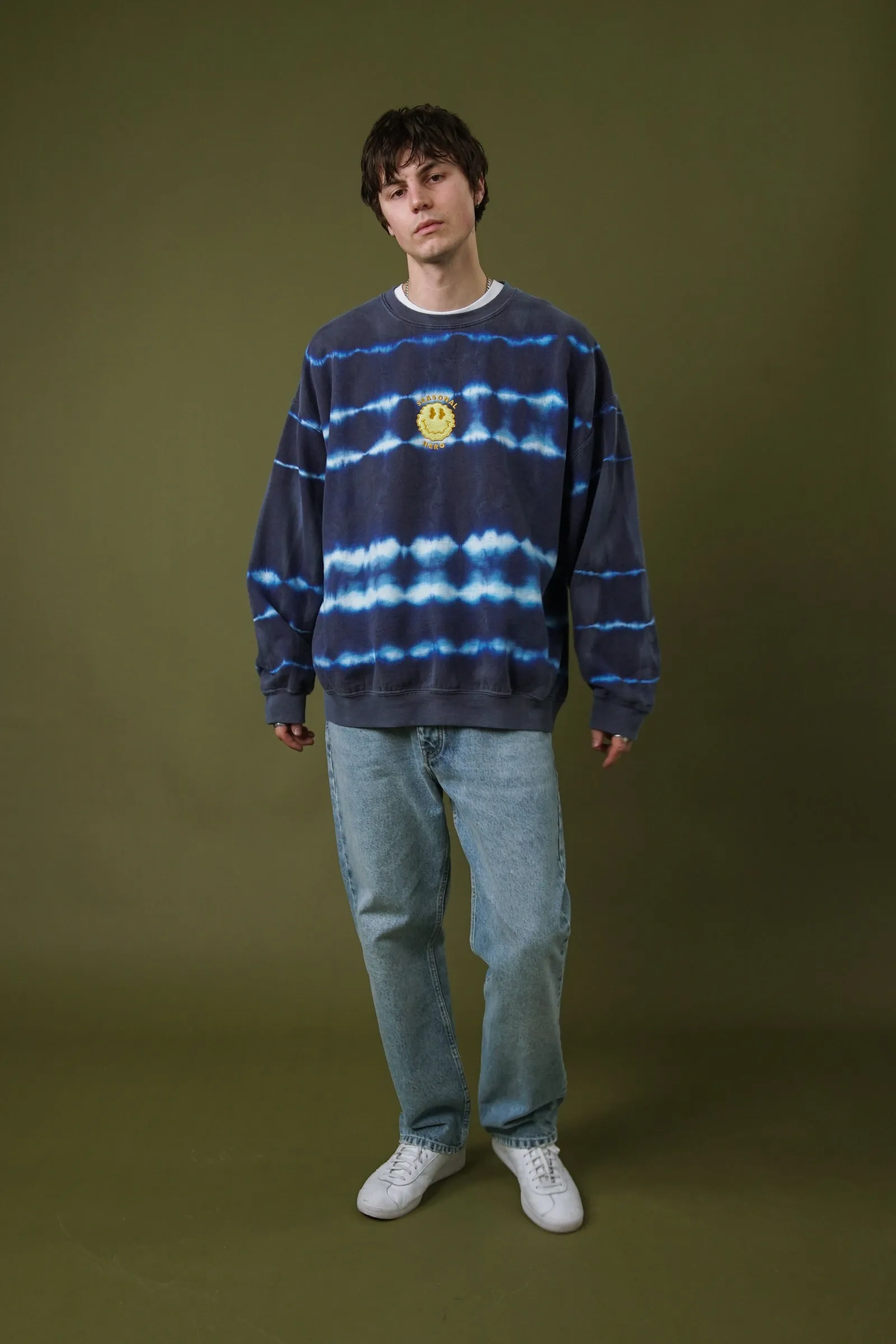Seasonal Hero 'Trippy Smiler' Tie Dye Washed Sweater - Navy & White Chic Layering Functional Comfort