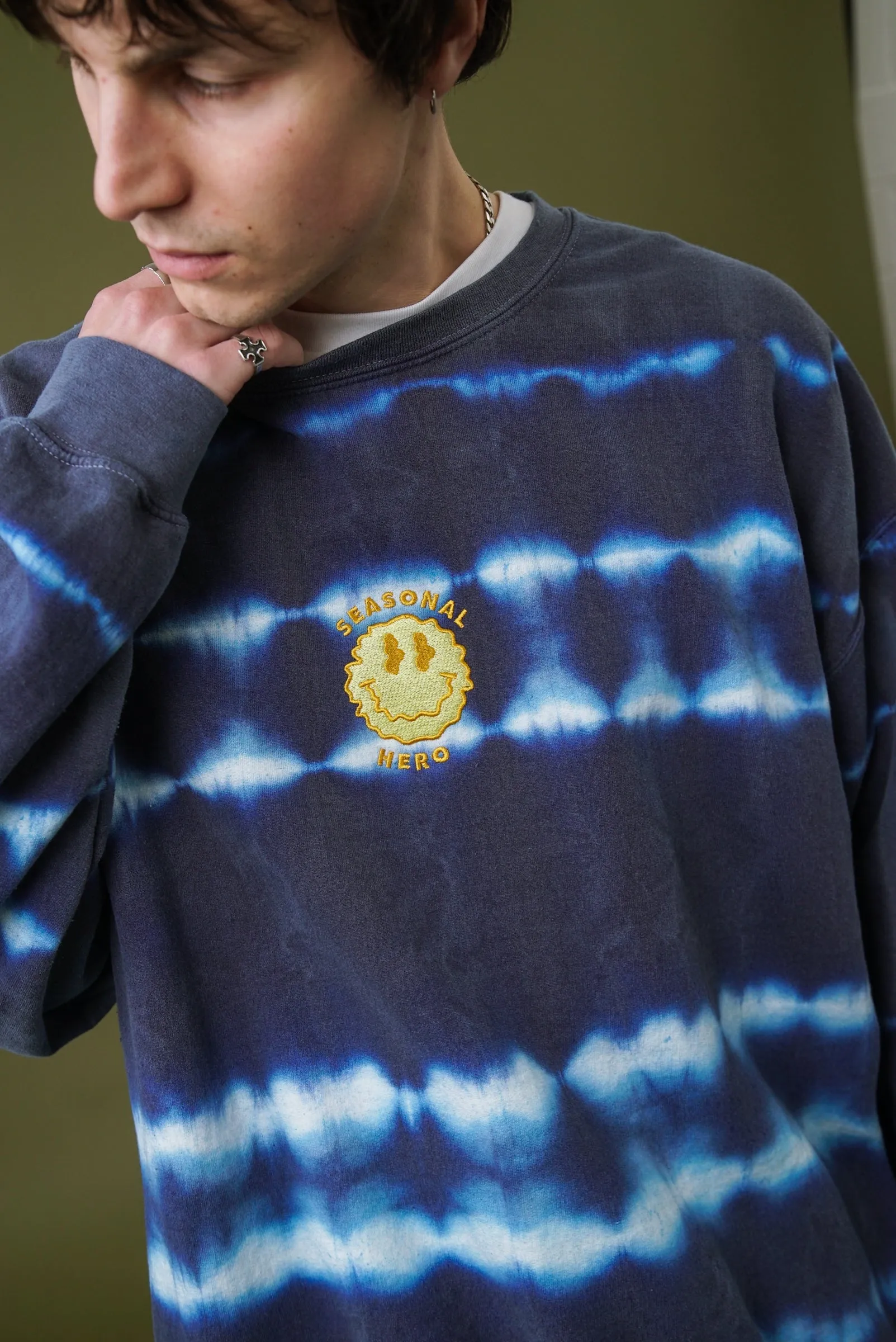 Seasonal Hero 'Trippy Smiler' Tie Dye Washed Sweater - Navy & White Seasonal Layering Drop Shoulder