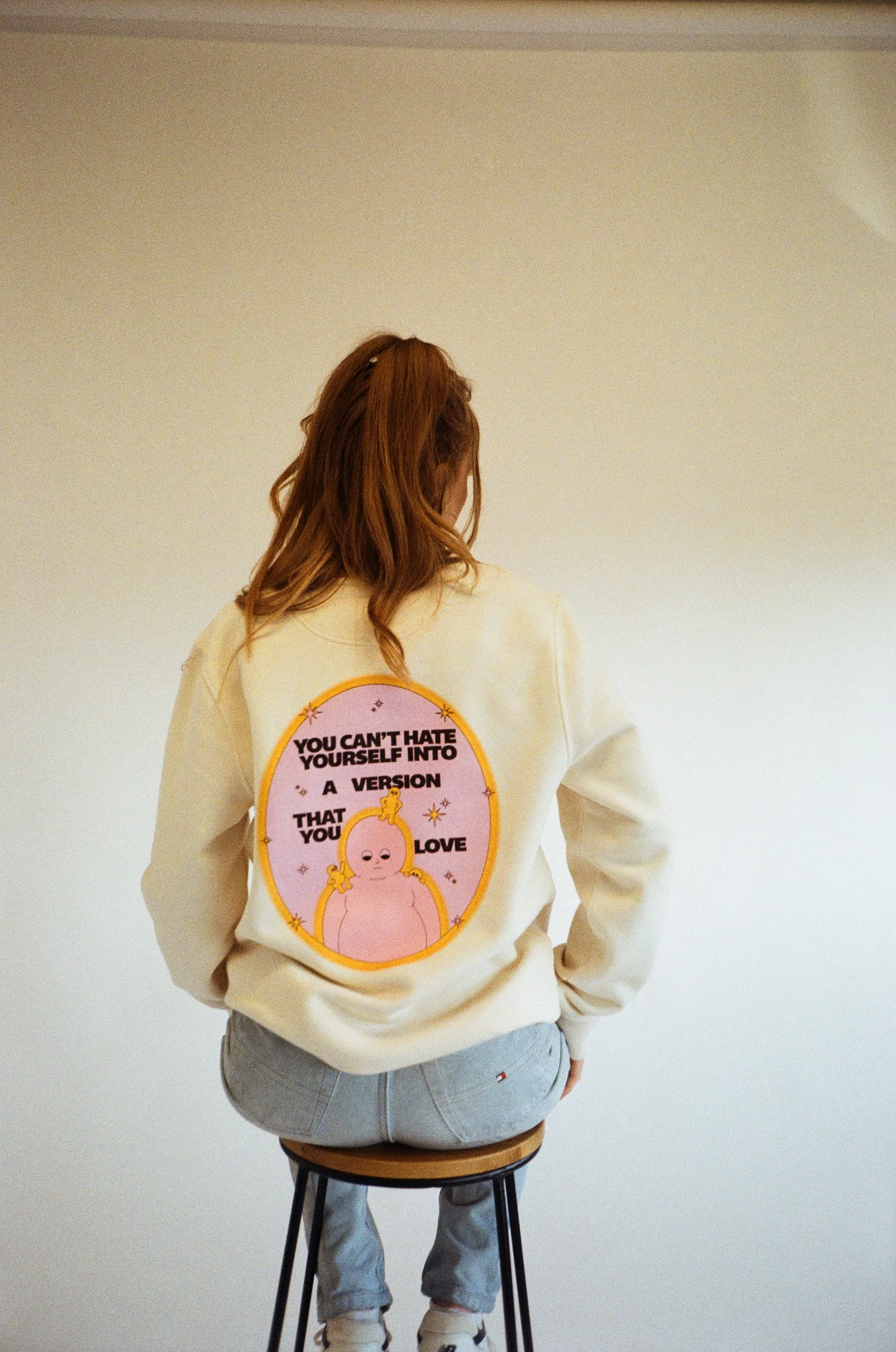 Drop Shoulder Stretch Fabric Pleasure Paradox 'You Can't Hate Yourself' Sweater - Natural