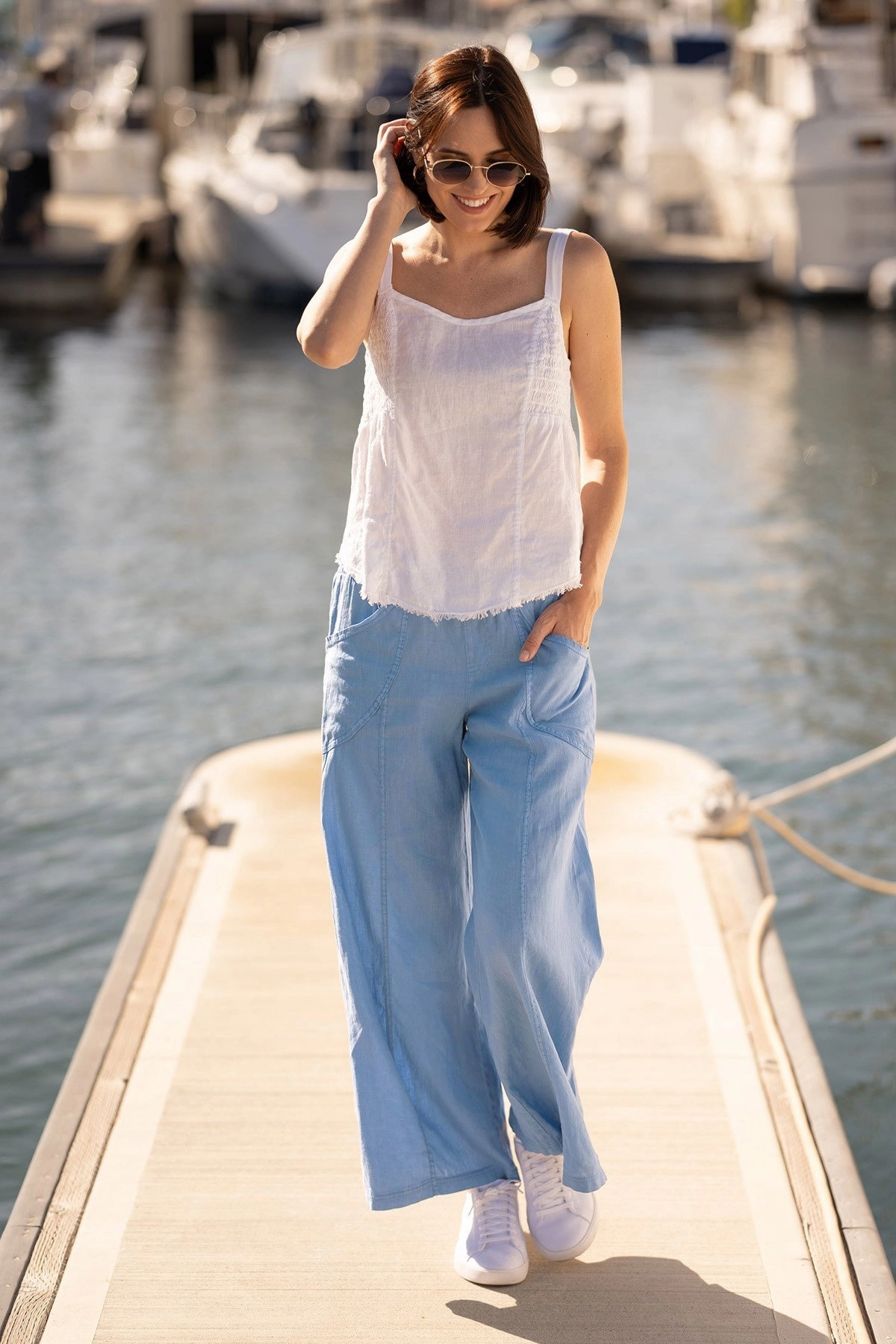 Functional Ease Ventilated Mesh Lining Pia Paper-Bag Waist Linen Wide Leg Pant