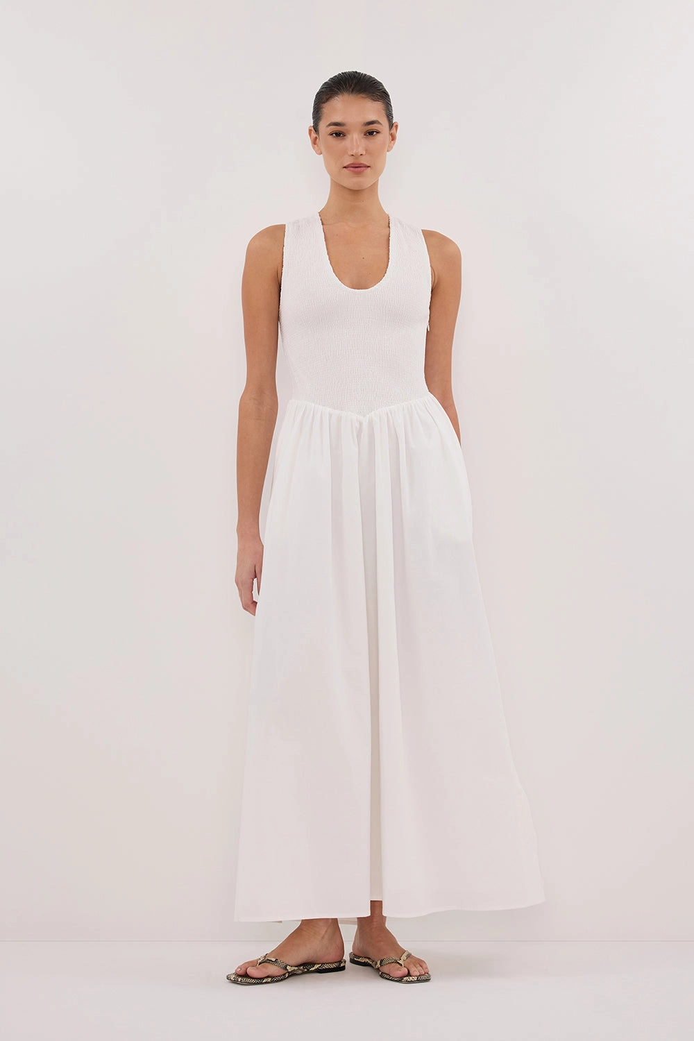 Urban Ease Breathable Layering FLORENCE WHITE SLEEVELESS COTTON MIDI DRESS