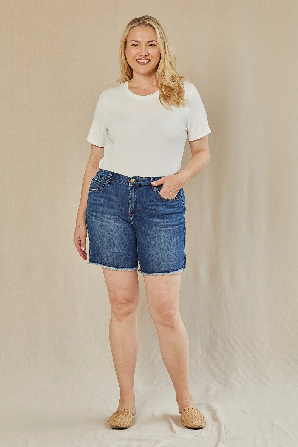 Casual Look Warm Look Adrift Denim Cut Off Shorts in Mid Wash