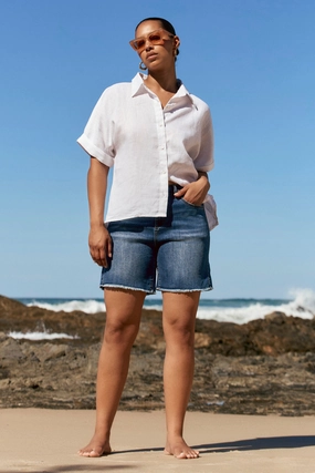 Minimal Waistband Adrift Denim Cut Off Shorts in Mid Wash