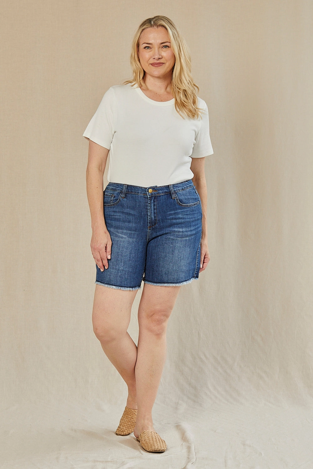 Adrift Denim Cut Off Shorts in Mid Wash laid-back style media industry