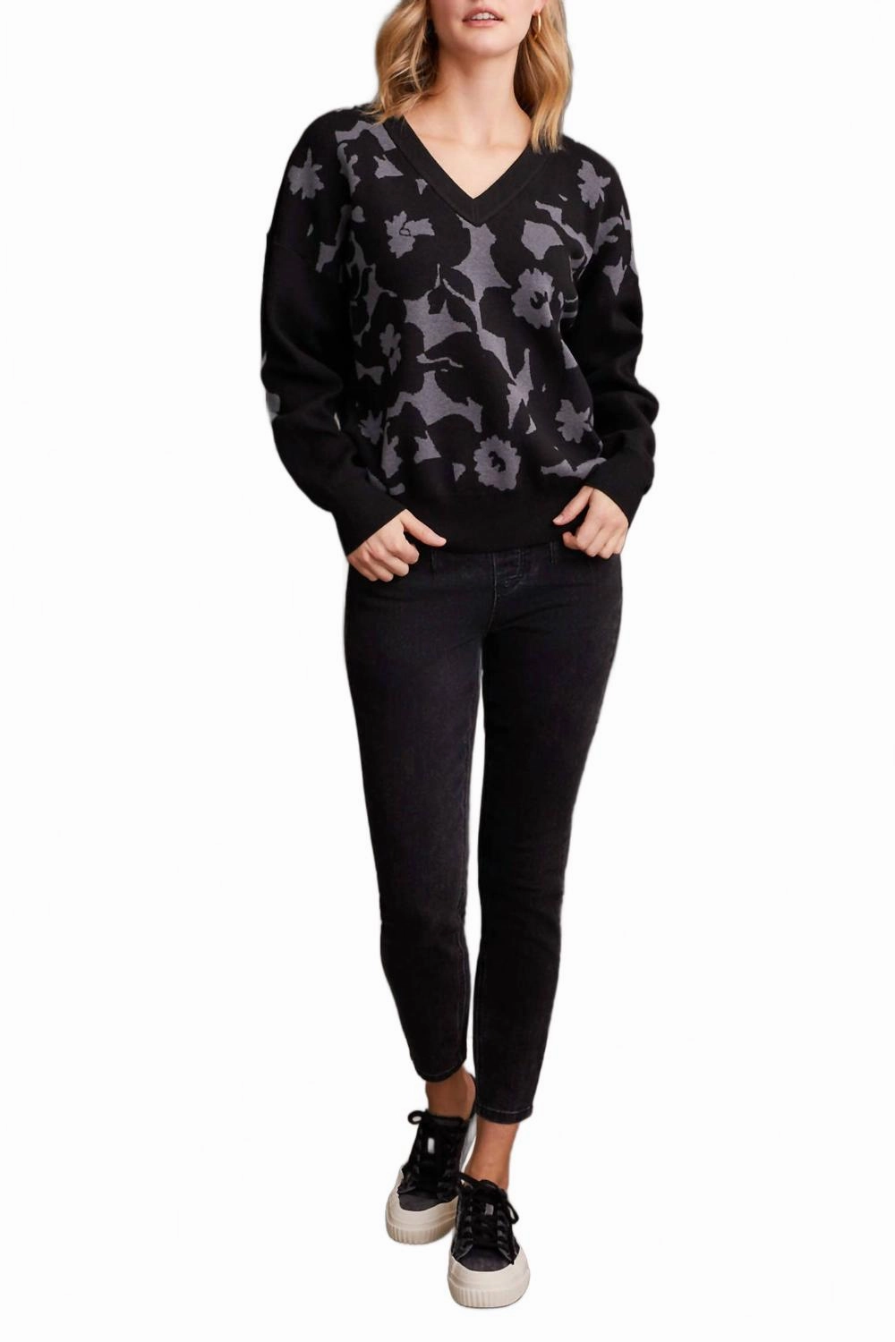 V-Neck Jacquard Sweater In Heather Grey Cozy Knit Piece