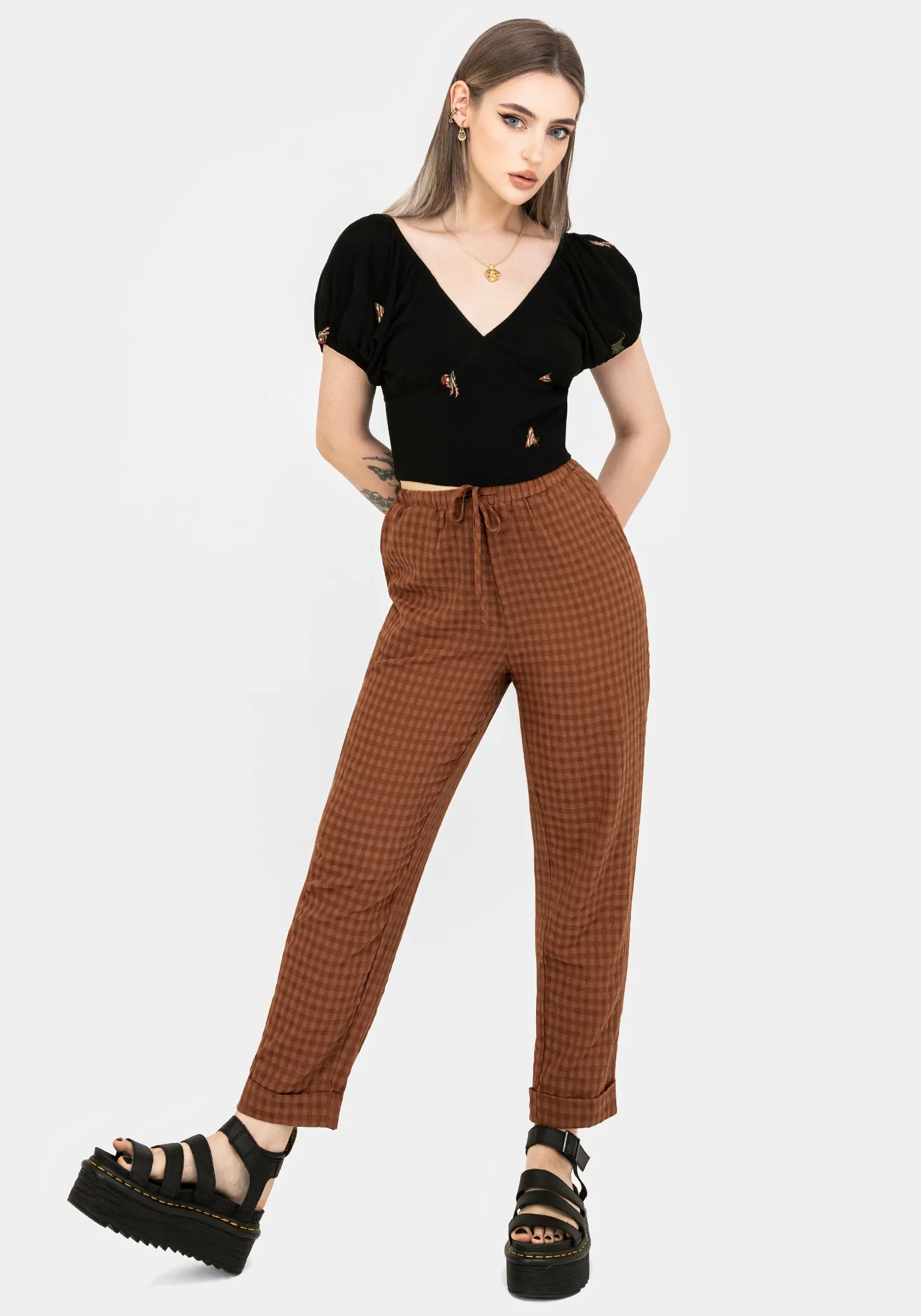 Stretch Material Soleil Cotton-Blend Check Tapered Trouser
