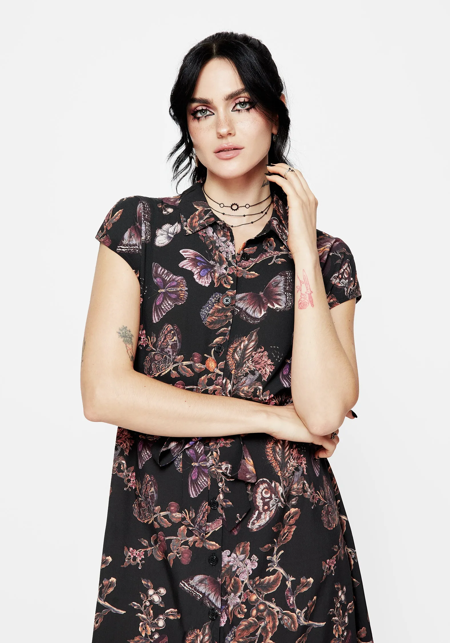Eloise Floral Butterfly Print Button Up Midi Dress Dressy Glow Vibrant Look