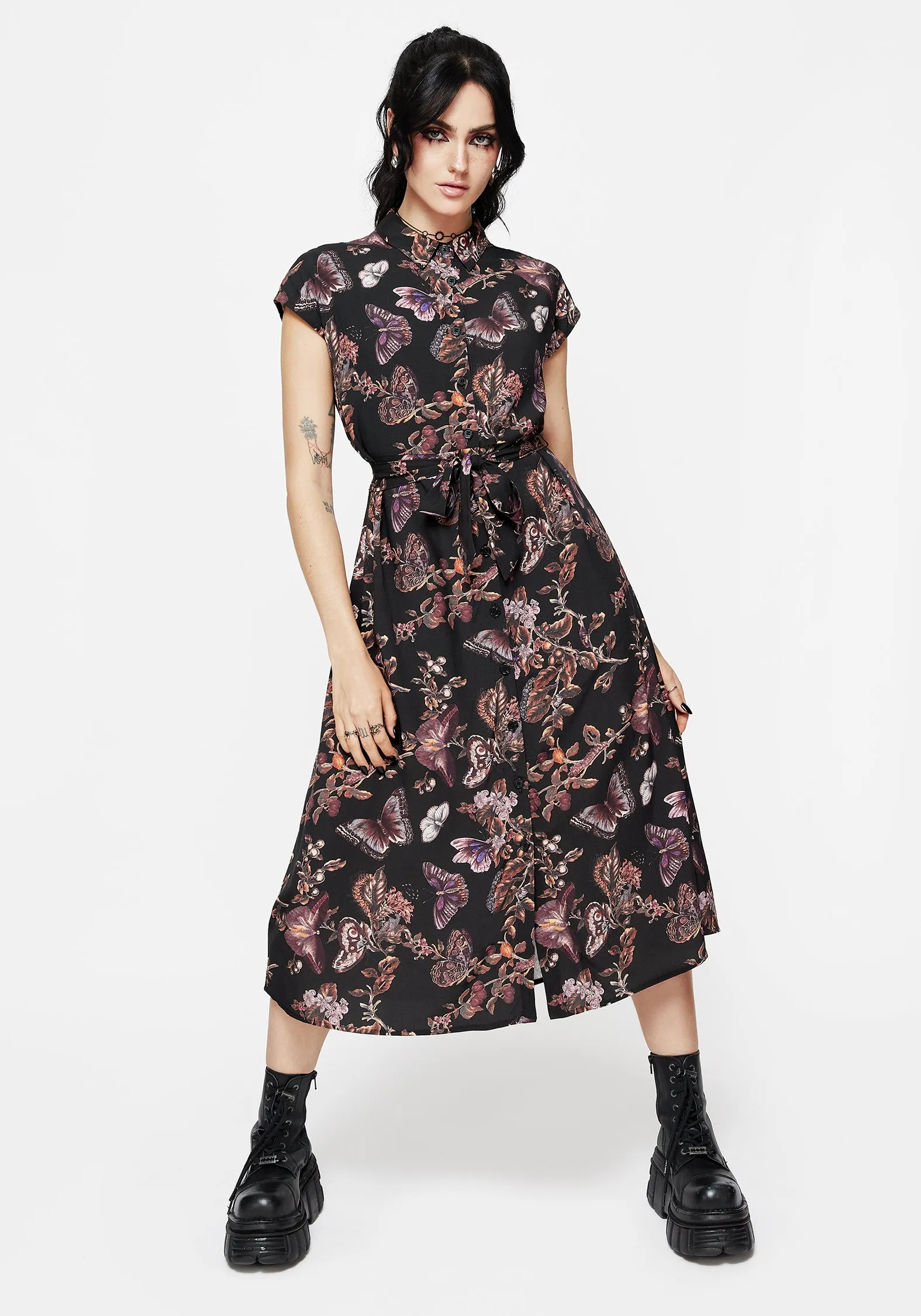 Eloise Floral Butterfly Print Button Up Midi Dress Night Out
