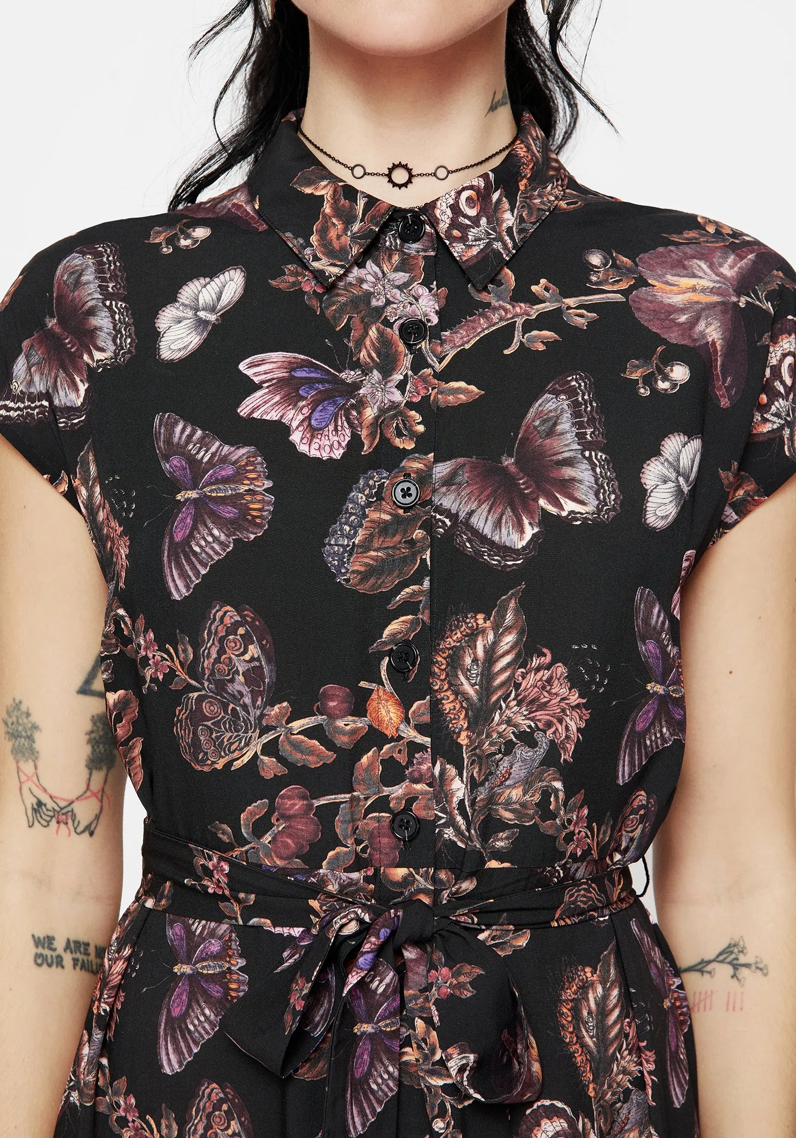 Tonal-Stitching Eloise Floral Butterfly Print Button Up Midi Dress